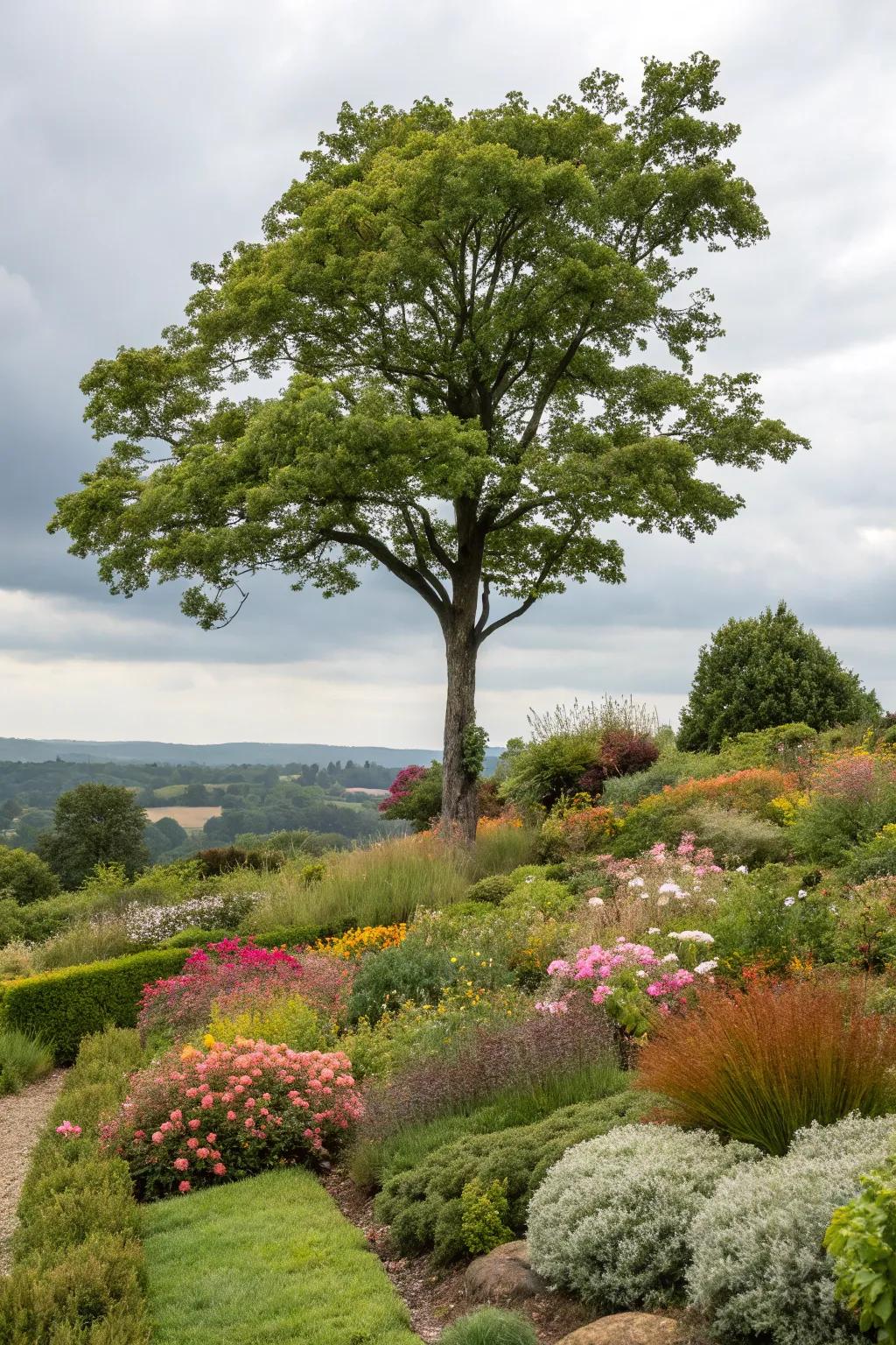 The use of mixed vegetation enriches the texture and appeal around trees.