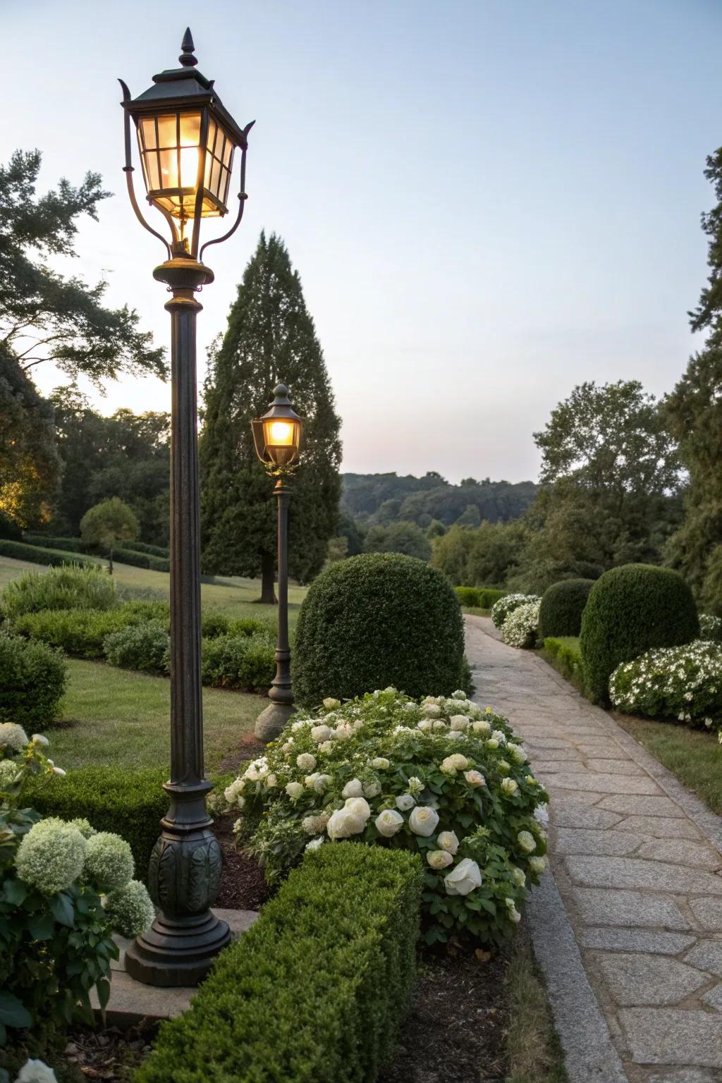 Symmetrical planting encircling a lamp post for a harmonious presentation.