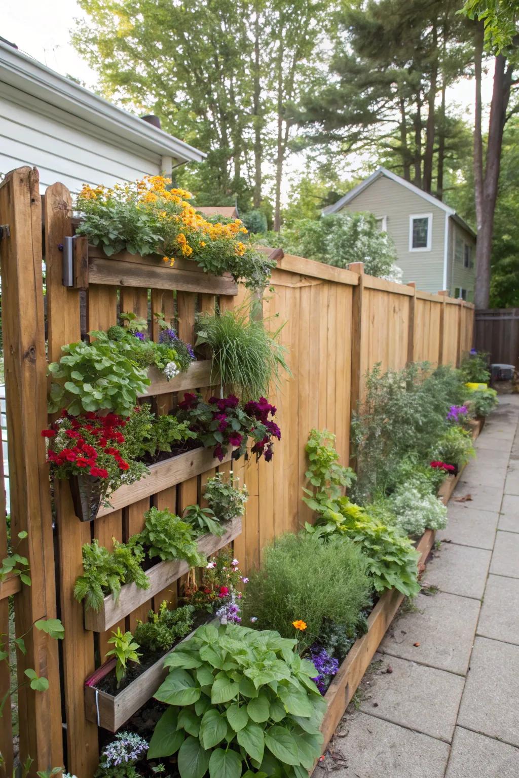 An upright garden on a fence, showcasing various colorful plants.
