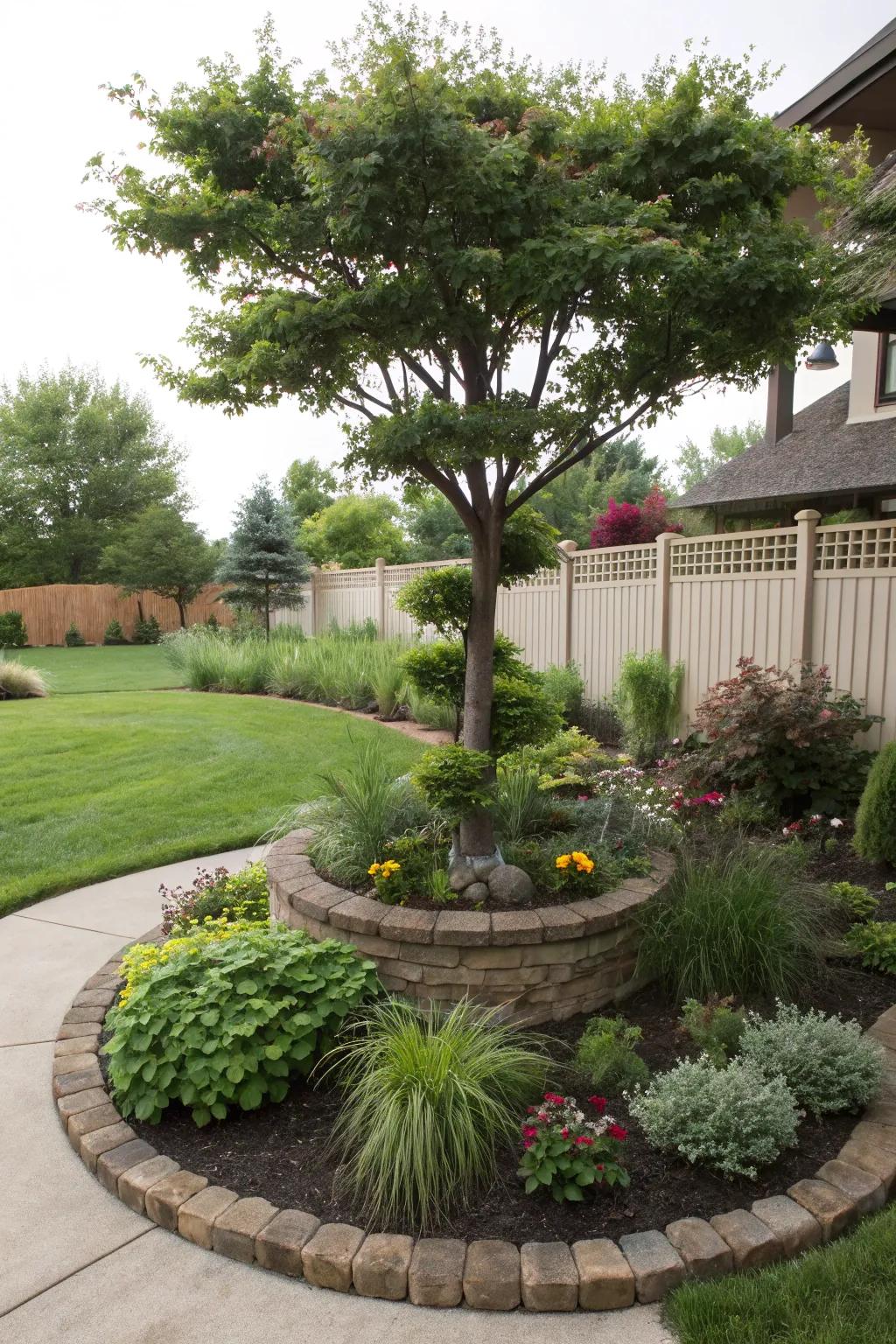 A tree encompassed by staged planting, engendering visual profundity and interest.