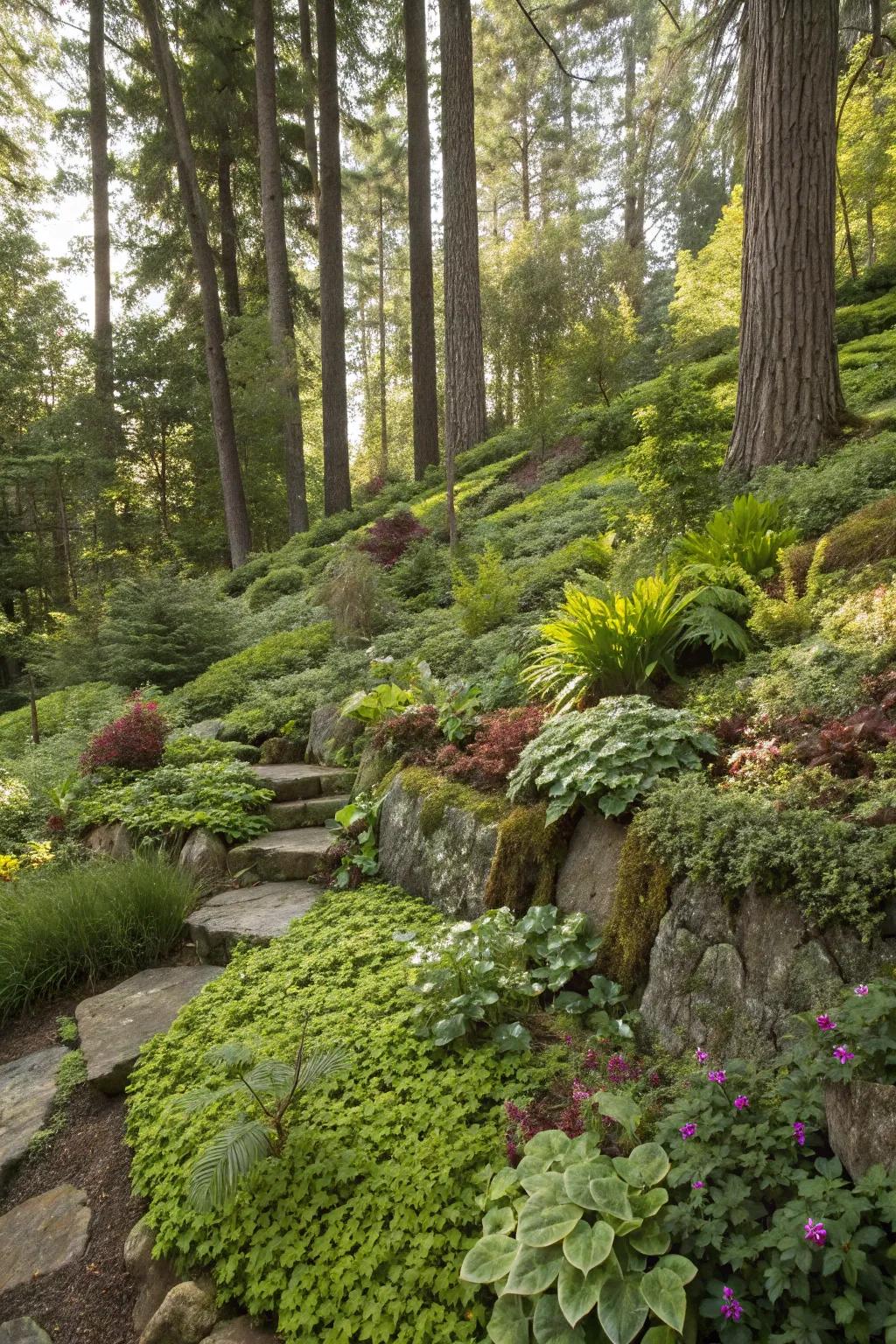 Graded plants creating depth within a forest-inspired garden.