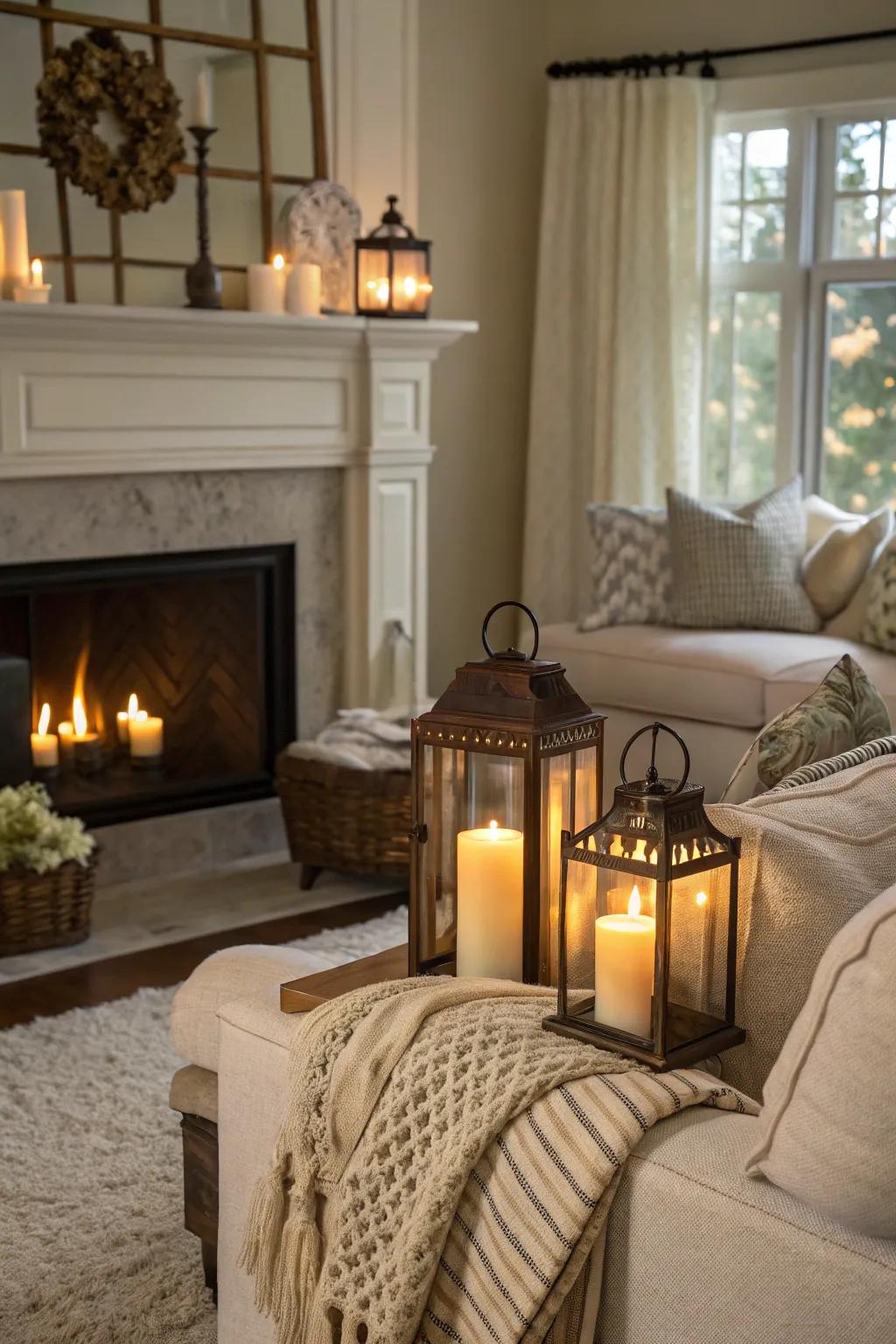 Candle lanterns contribute a timeless charm to a cozy living space.