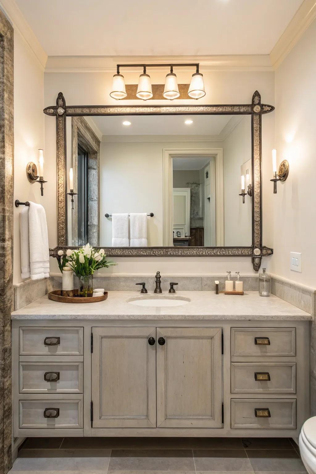 Metal supports can contribute a minimalist yet impressive feature to your mirror.