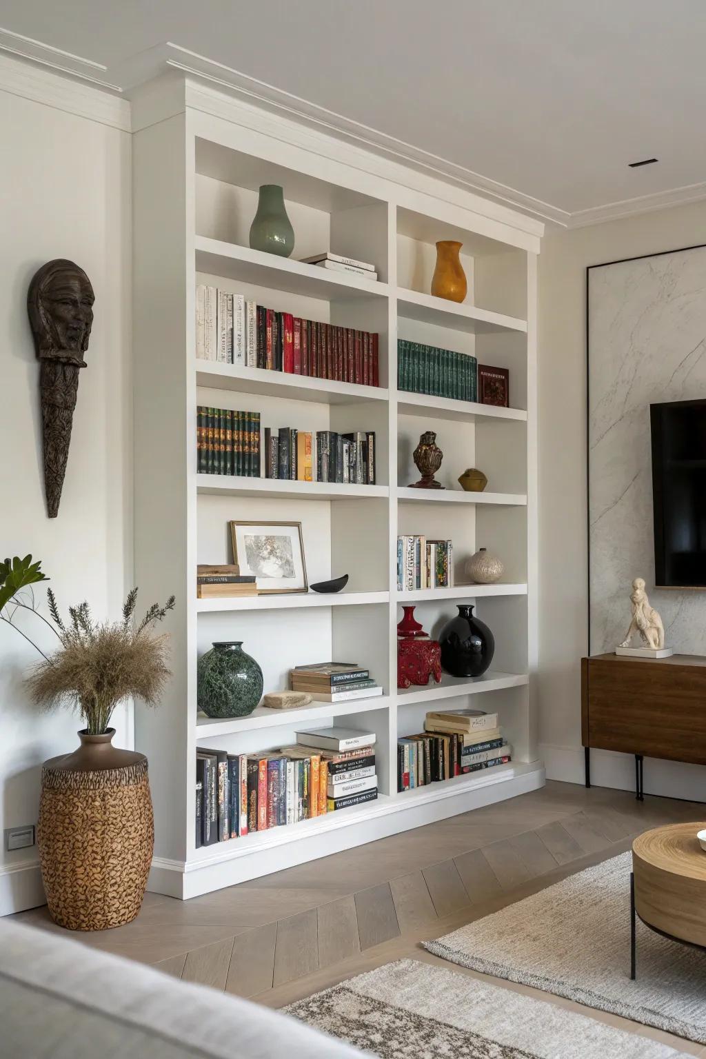 Combining books with decorative items creates a dynamic and personalized display.