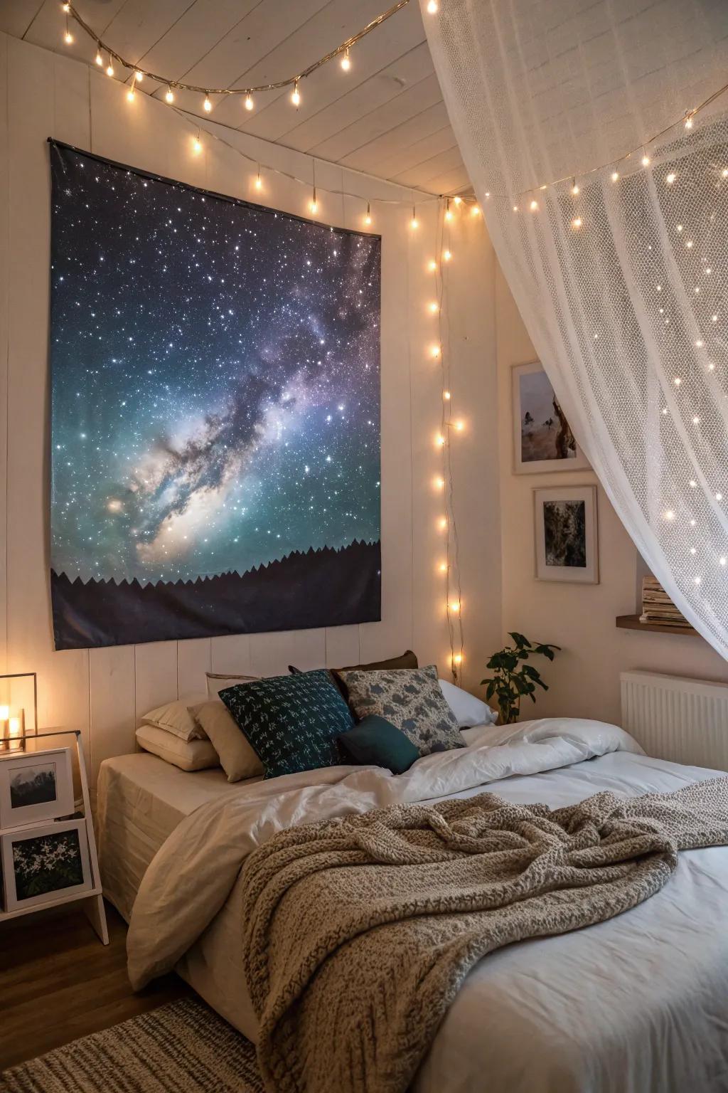 A galaxy-themed painting introduces a cosmic dimension to your space.