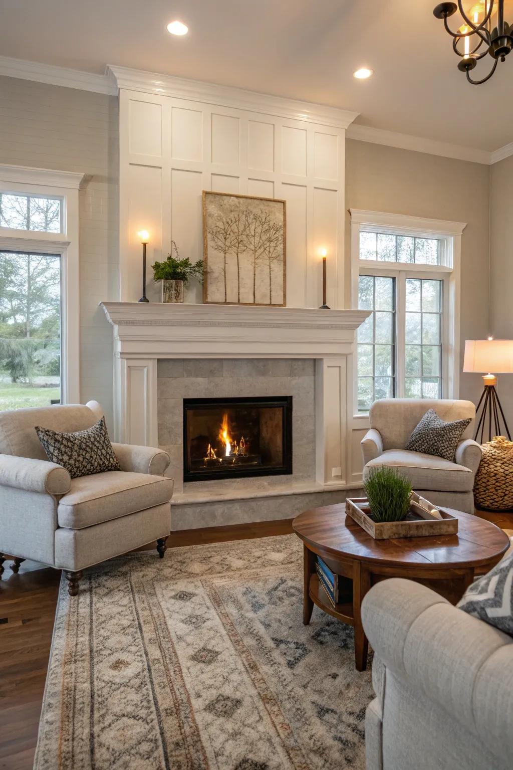 A hearth acts as a cozy focal point.