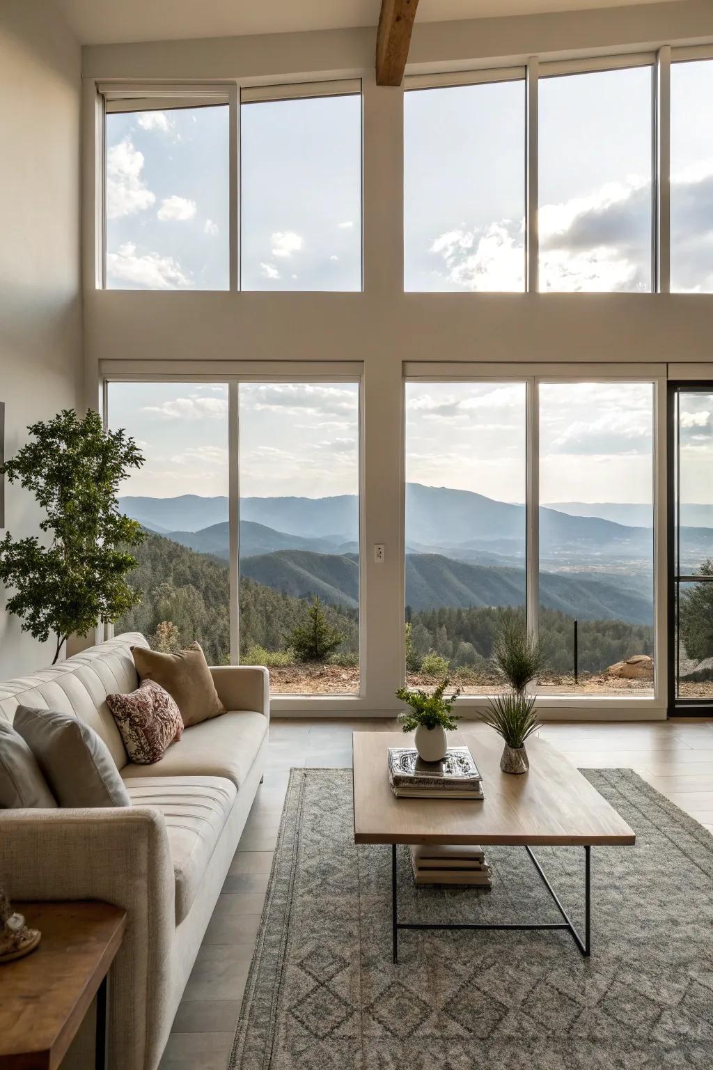 Picture windows displaying a stunning, unhindered scenery of the hills.