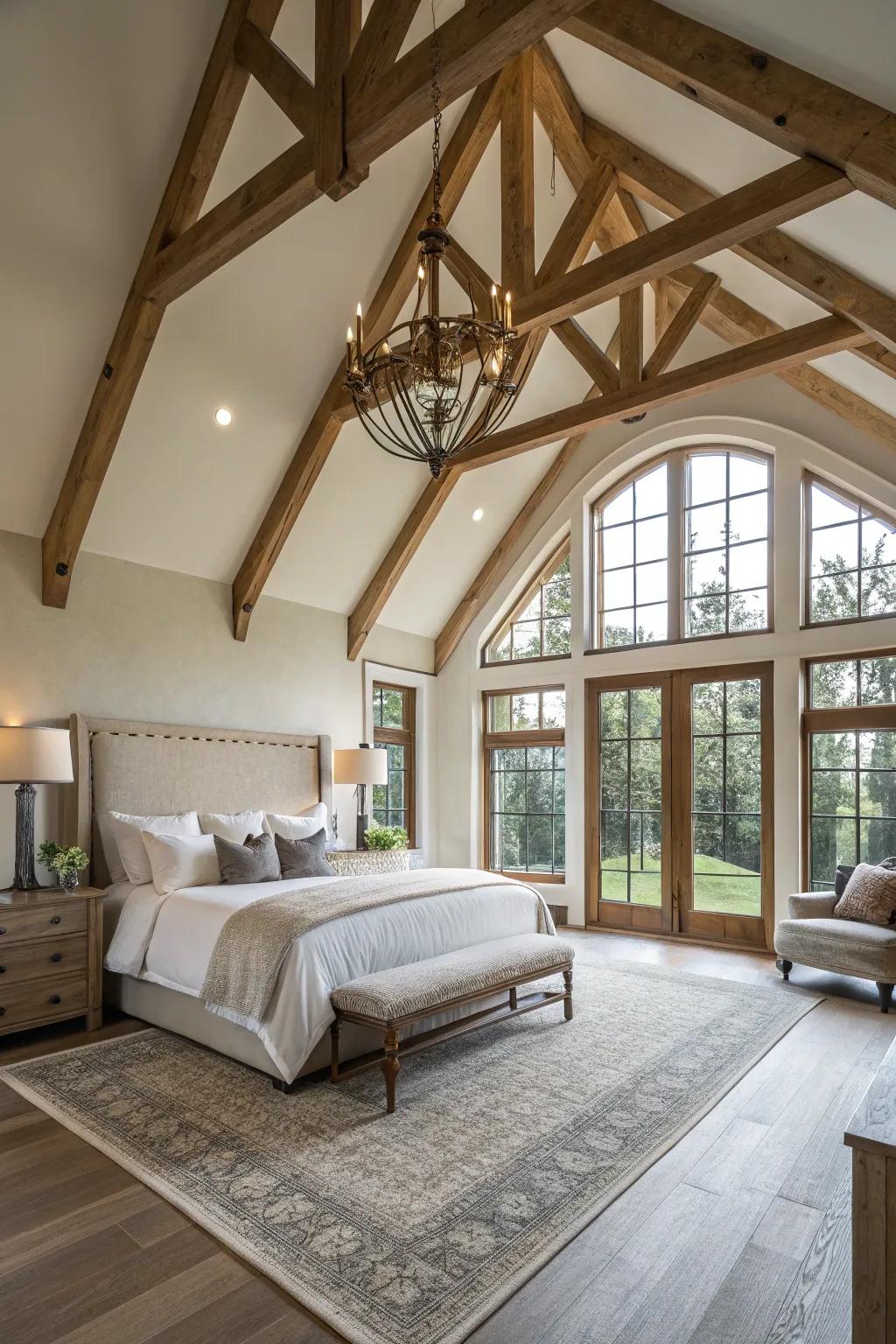 Structural details such as high ceilings bring character to the bedroom.
