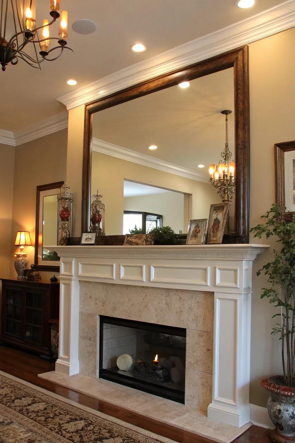A reflector positioned above the mantelpiece serves as a breathtaking centerpiece.