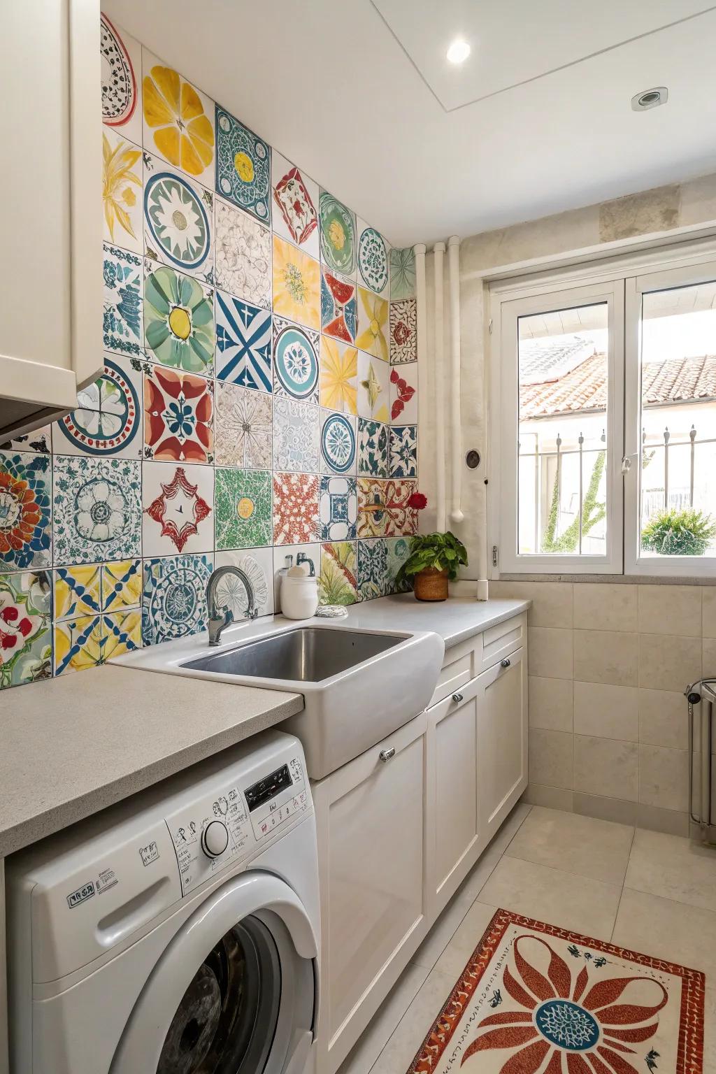 Decorative tiles add character and color to your laundry room.