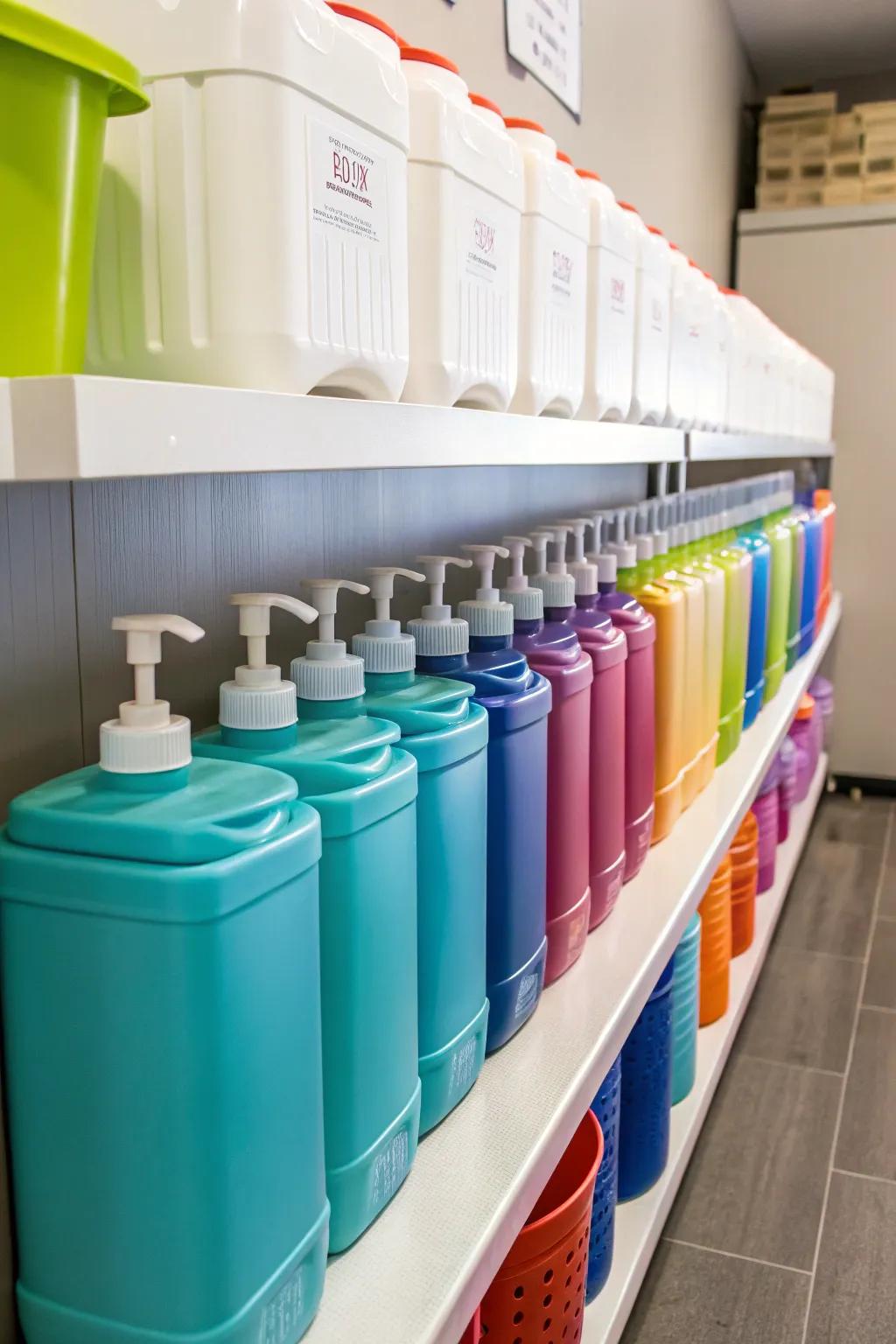Coordinated dispensers generate a harmonious laundry space.