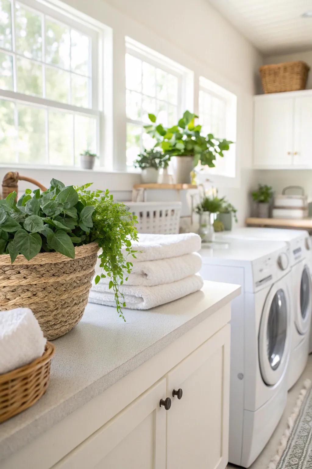 Plants provide a natural accent to the laundry room worktops.