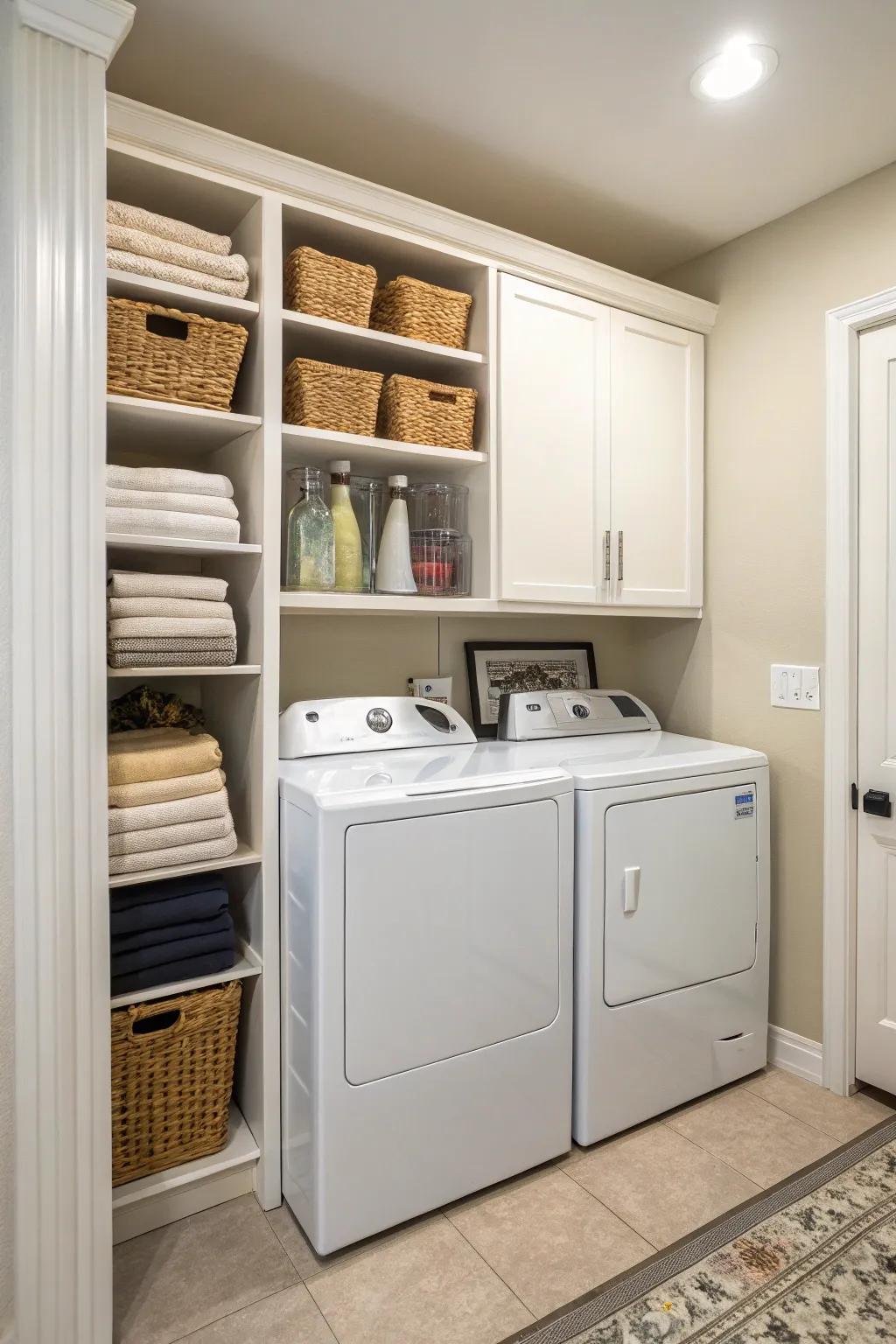 Vertical storage maintains organization and roominess in your laundry area.