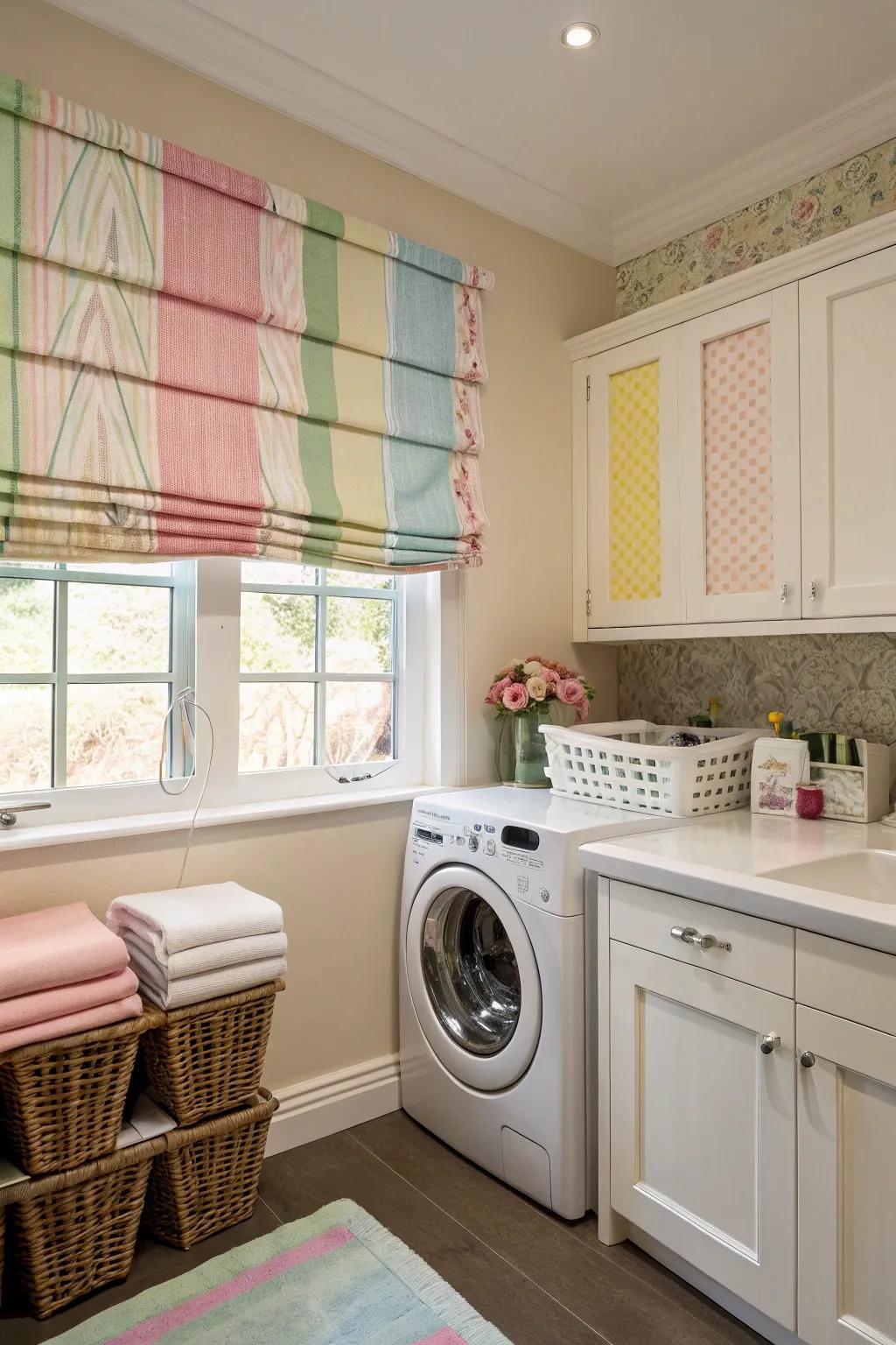 Roman window coverings enhance sophistication with a hint of color.
