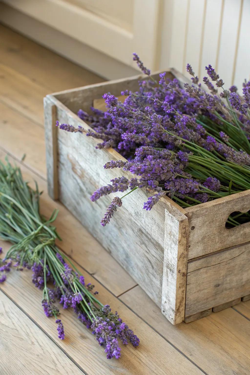 Charming country-inspired design with a lavender-filled crate.