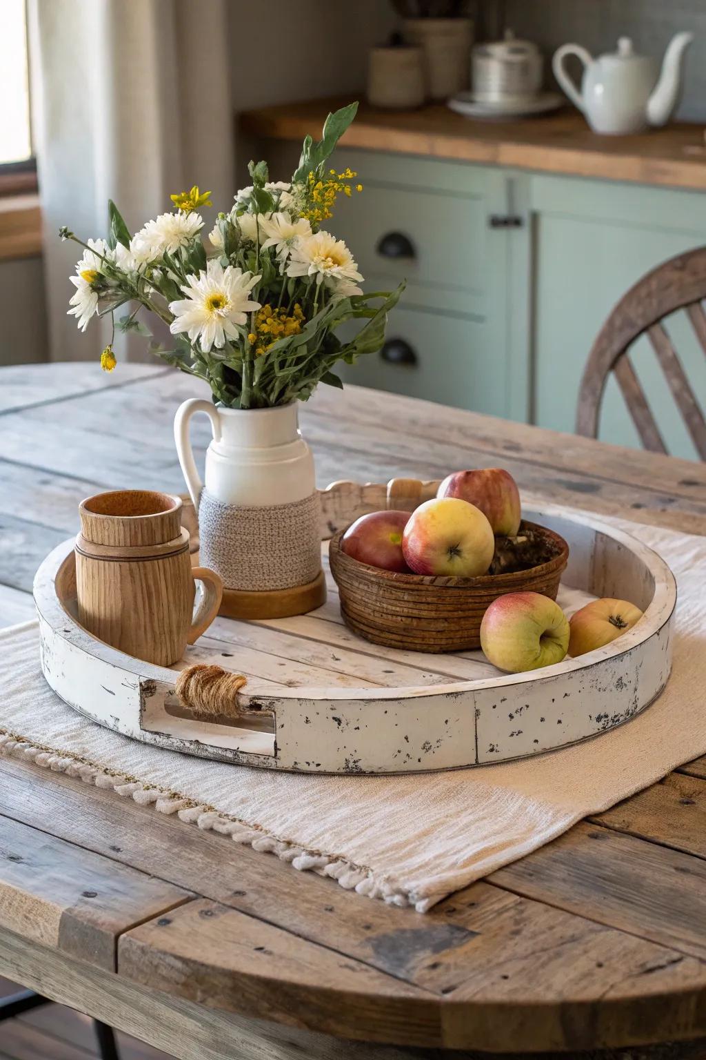 A countryside timber lazy Susan ideally suited for a homestead-inspired design.
