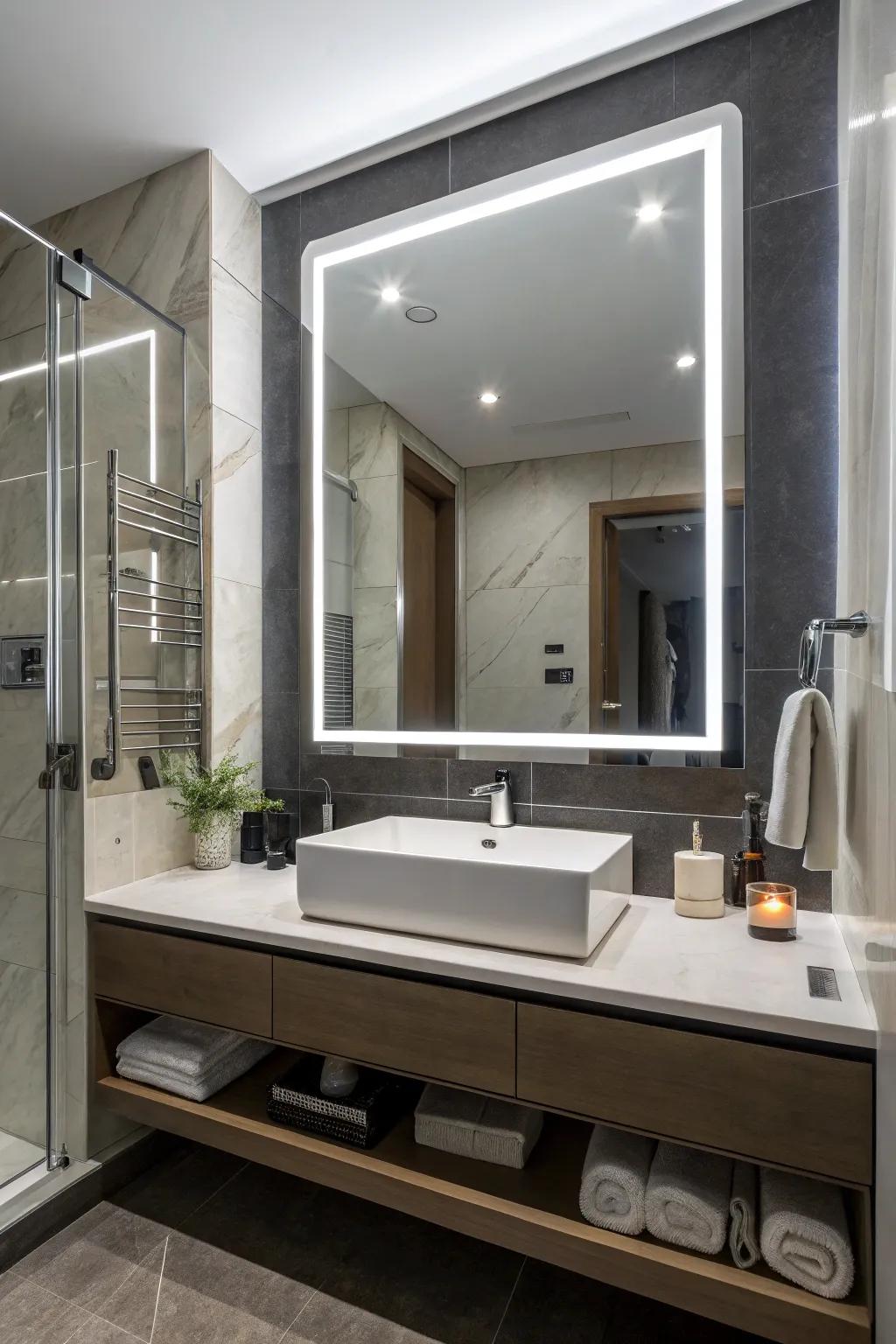 An oblong illuminated reflection enhancing the contemporary allure of the washroom.