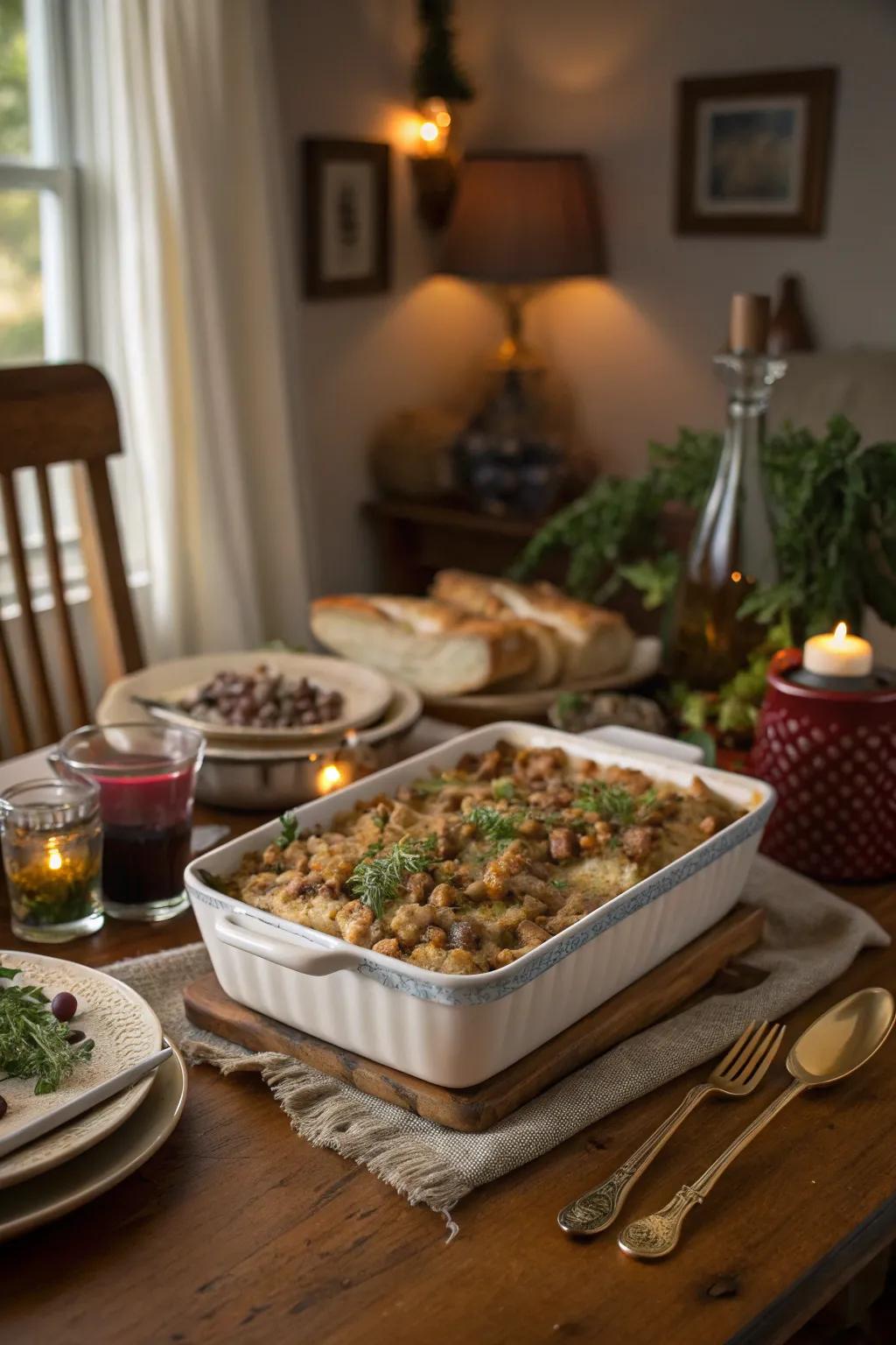 The layered turkey and stuffing casserole celebrates Thanksgiving well.