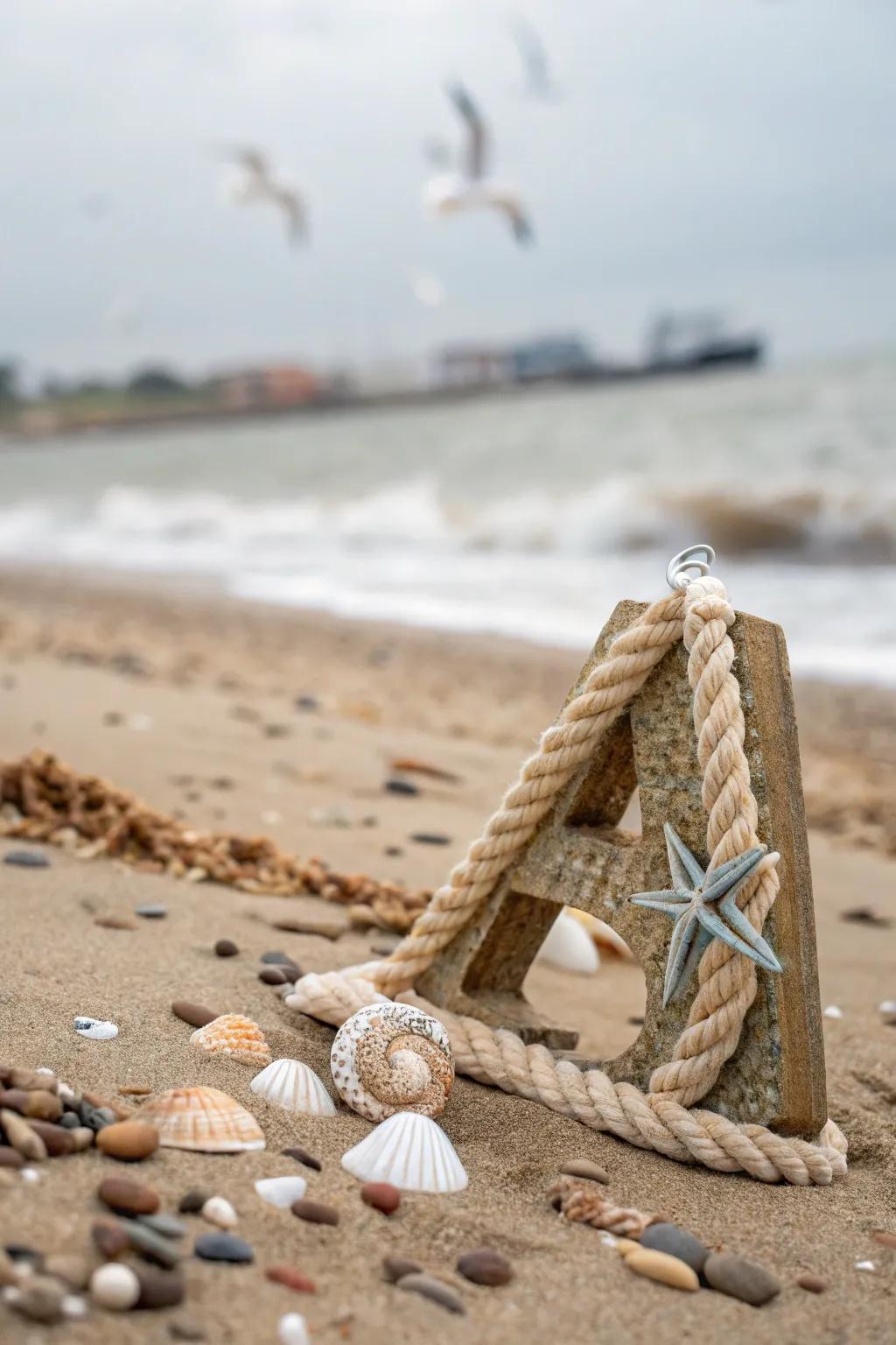 Maritime-inspired letter featuring cords and shells.