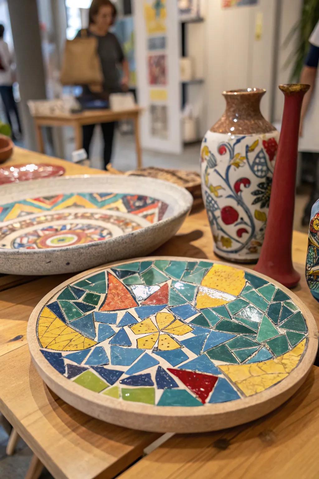 A vibrant mosaic masterpiece fashioned from shattered plate fragments.