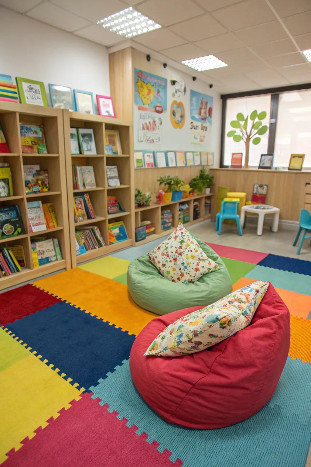 A fun-filled children’s reading space featuring bright, scaled-down furniture.