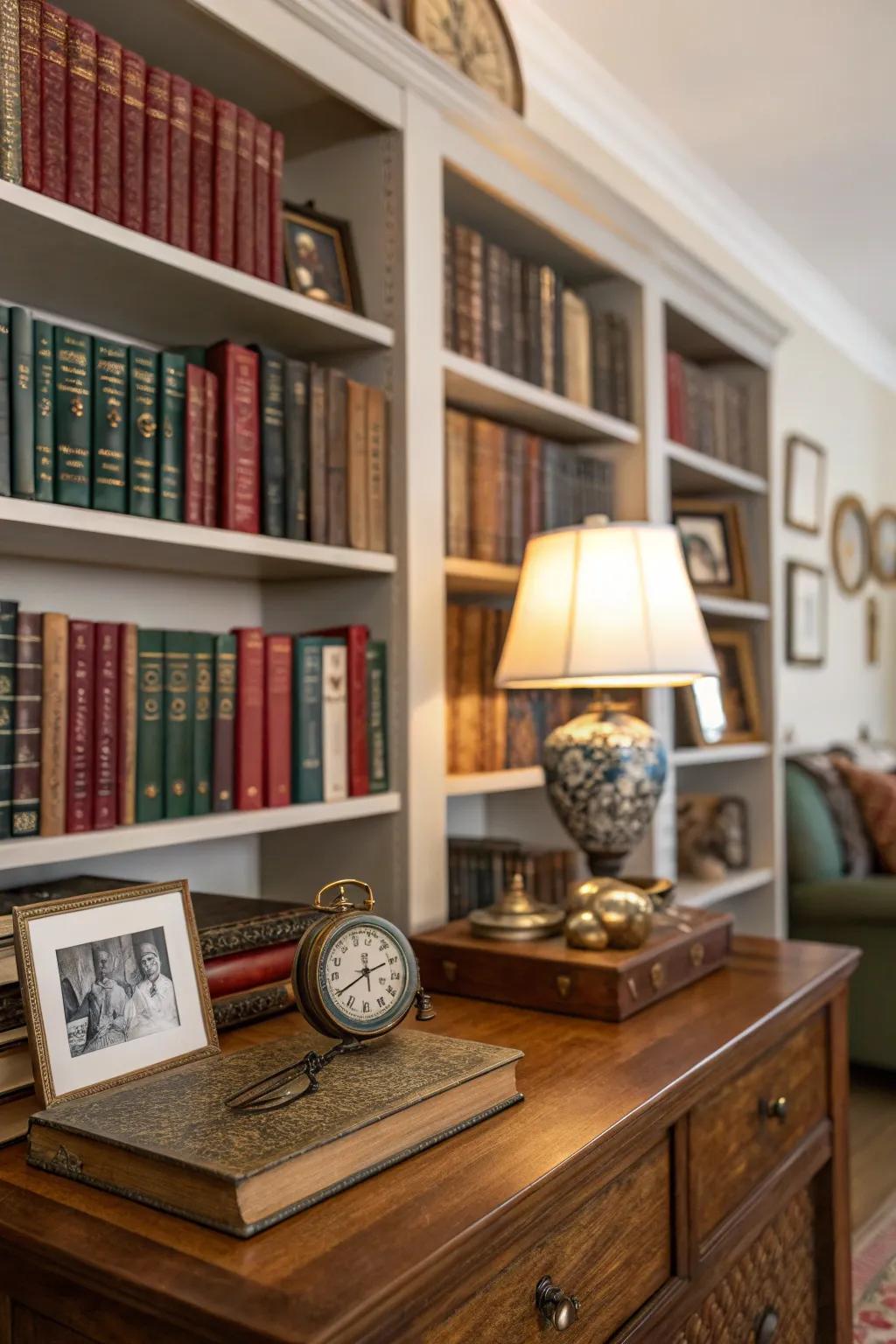 Bookshelves adorned with personal mementos and heirlooms.