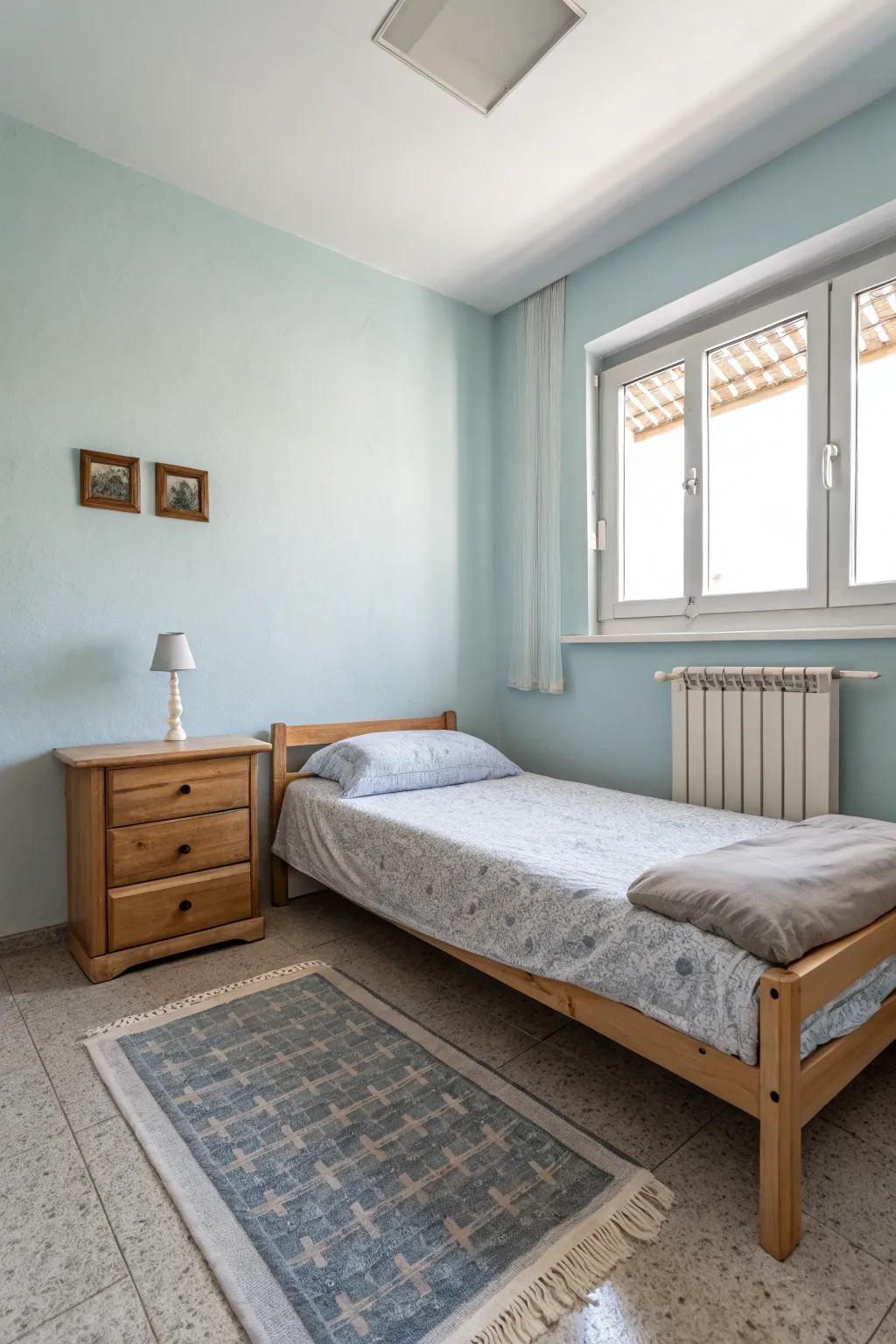 A minimalist bedroom features light blue walls complemented by neutral furniture.