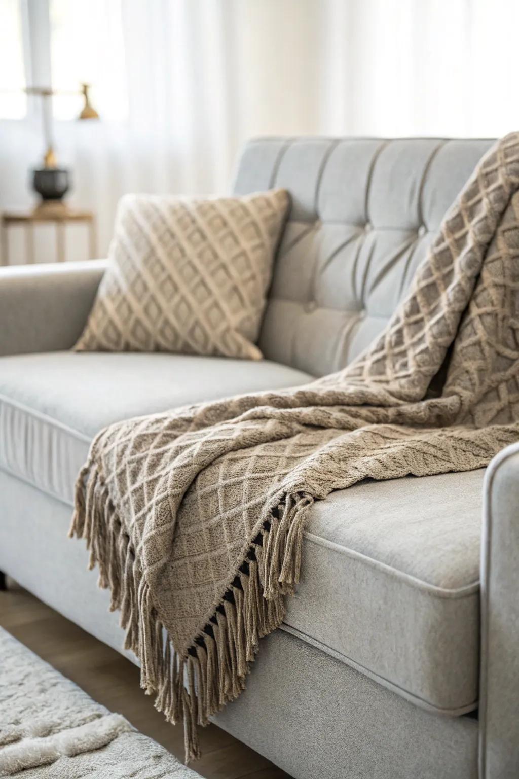 A textured throw adds warmth and style to a muted stone sofa.