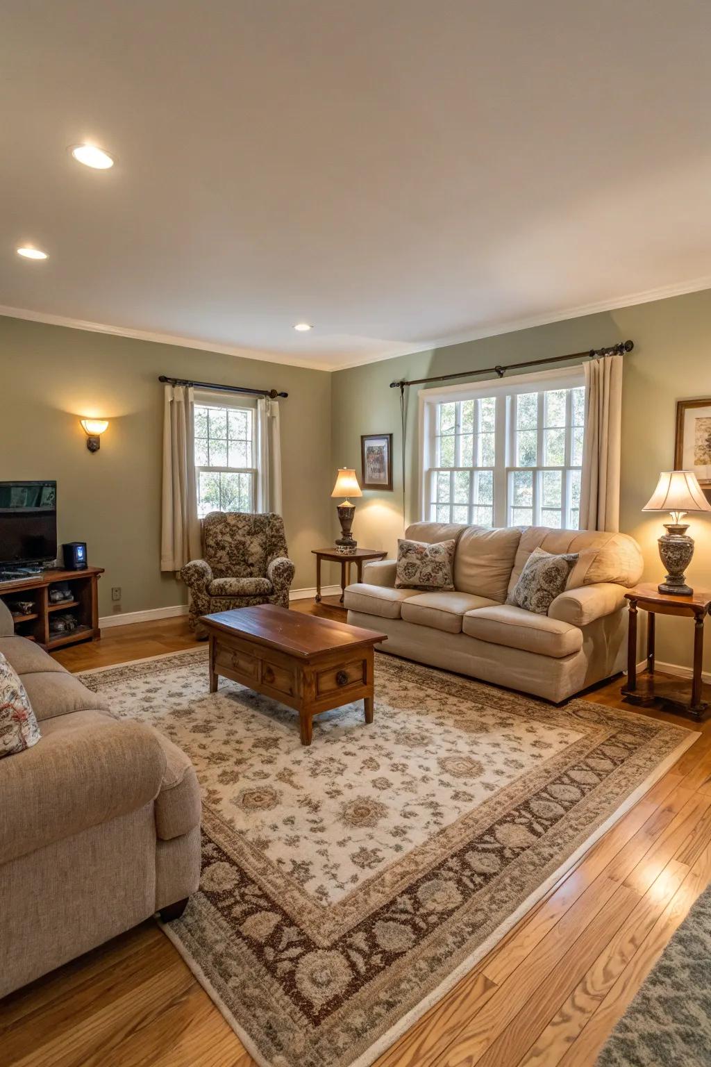 A living room featuring a snug floor covering that adds warmth and texture to the light wood floors.