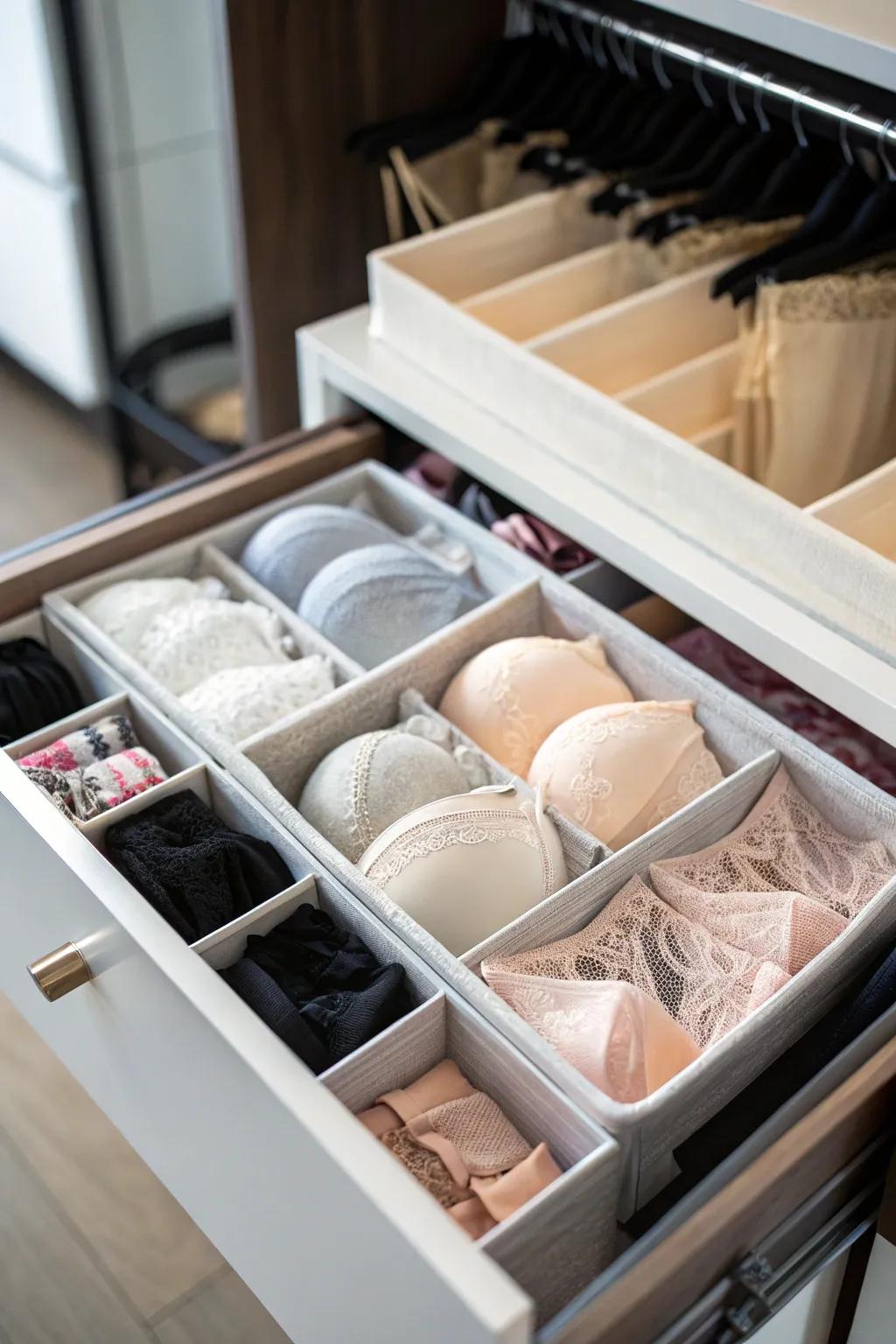 Drawer partitions maintain the order and accessibility of your lingerie.
