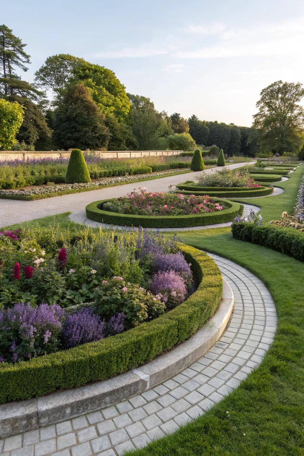 Circular garden beds accentuated by the neat lines of liriope.