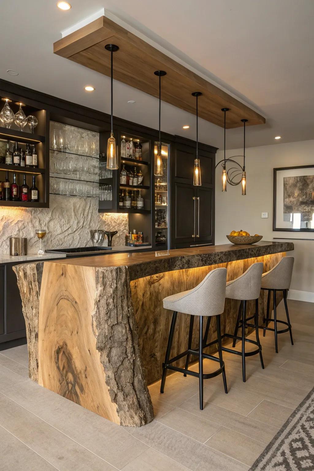 A live edge bar displaying distinct contours, exhibiting its organic artistry in a fashionable home bar.