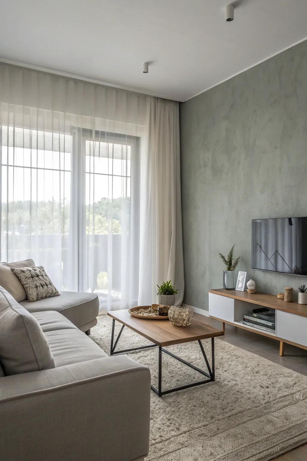 A lightly gray, minimalist wall conveys subtle sophistication.