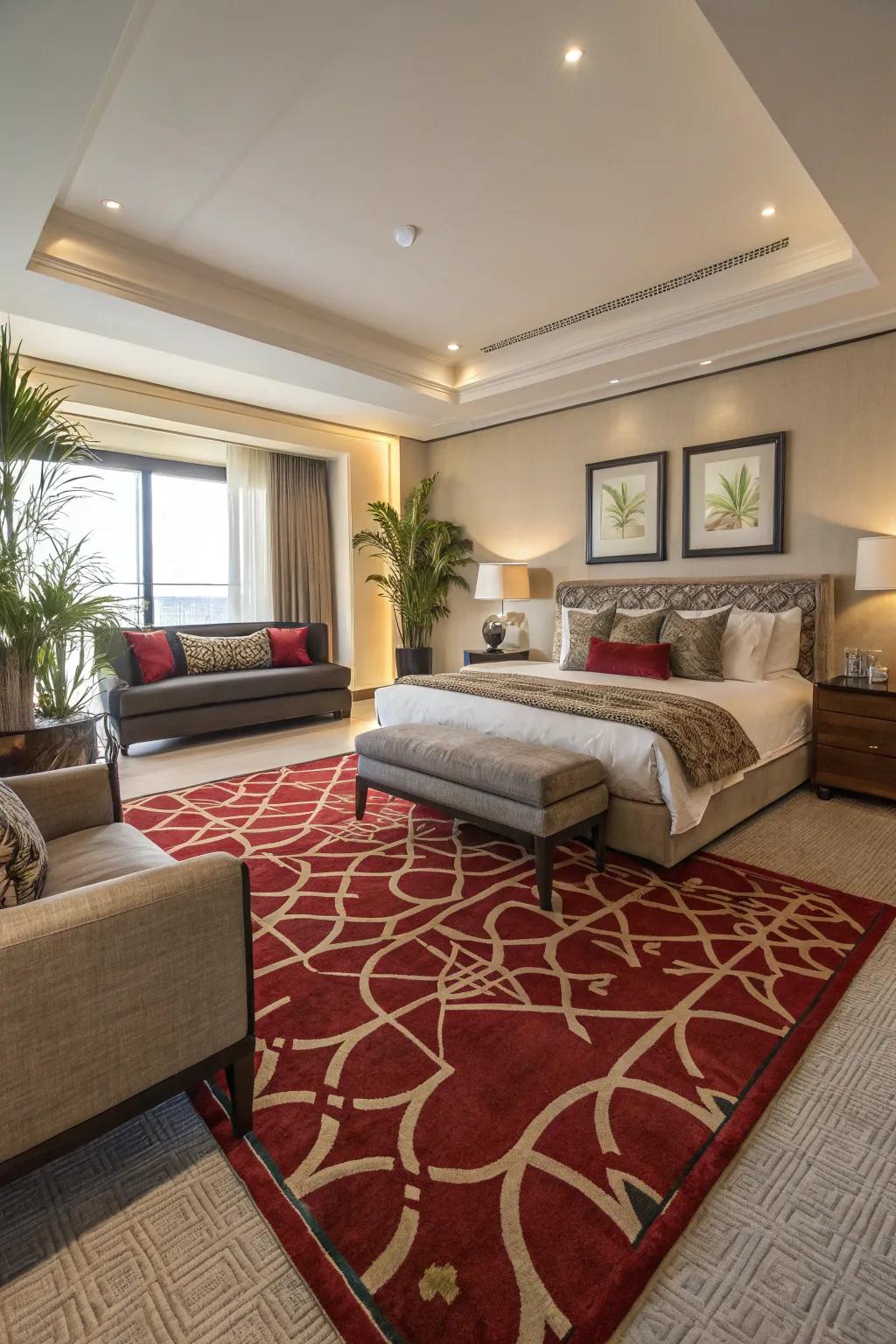 A decorative floor covering serves as a visual divider and enhances the room's coziness.