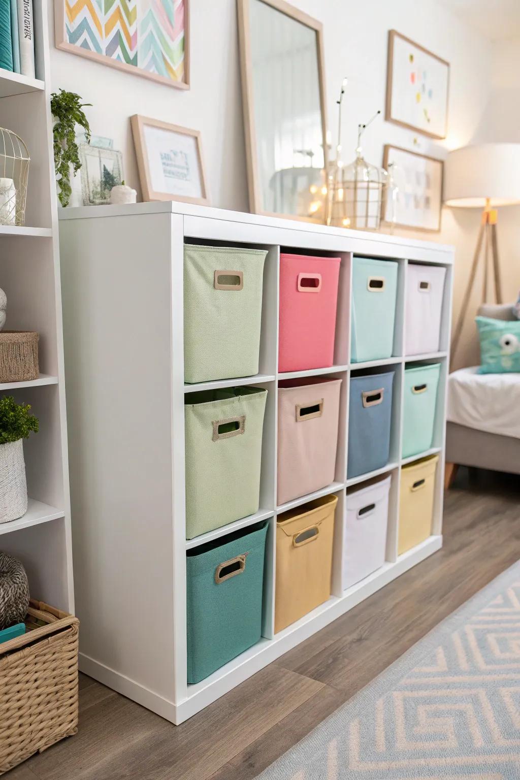 Shade-aligned modular storage for a cohesive and elegant living space.