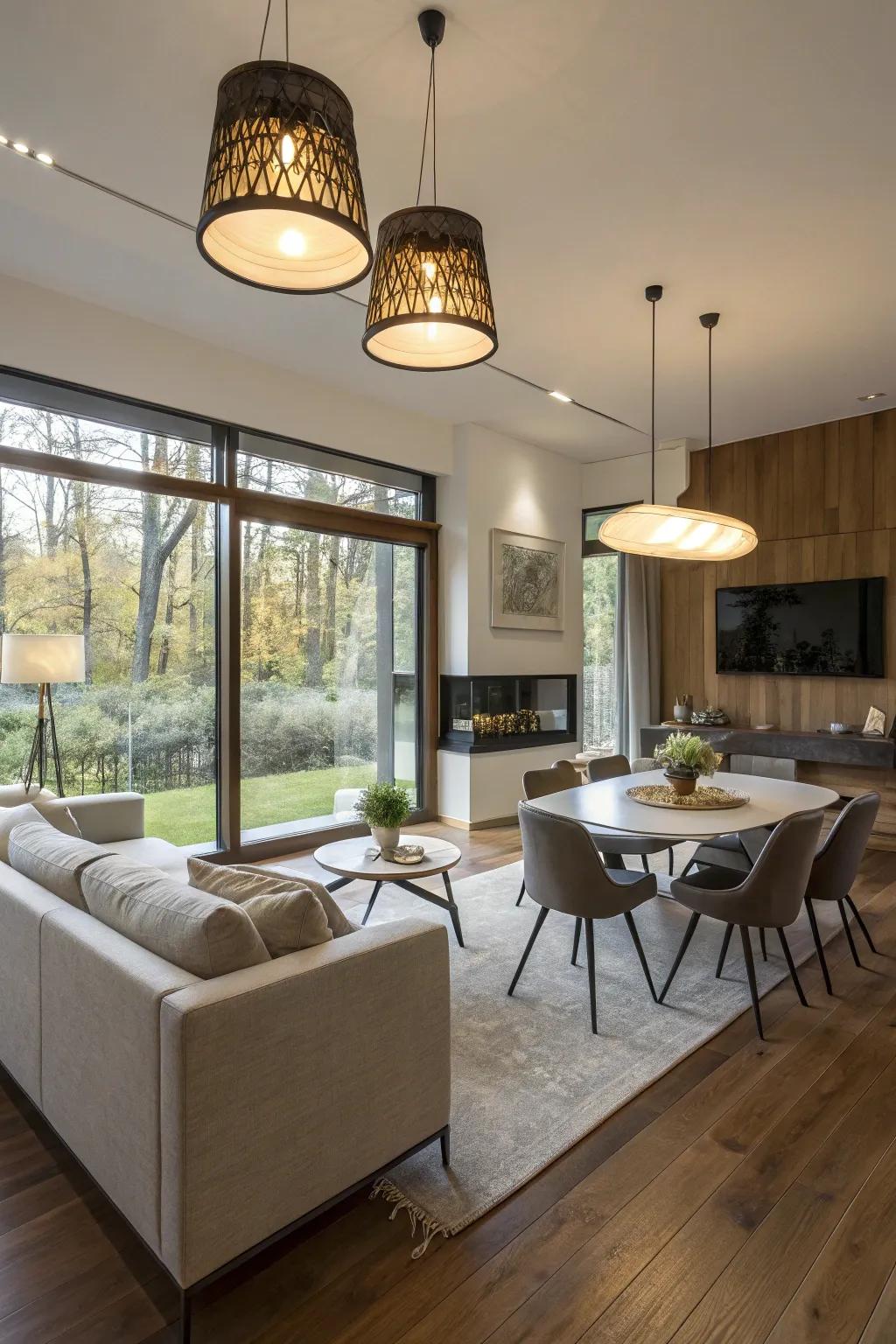Illumination functions as both a practical and ornamental element, delineating spaces.