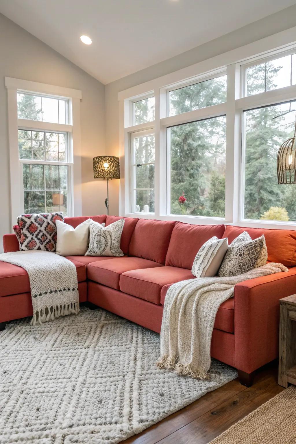 A brightly colored sectional adds an energetic touch to the living room.