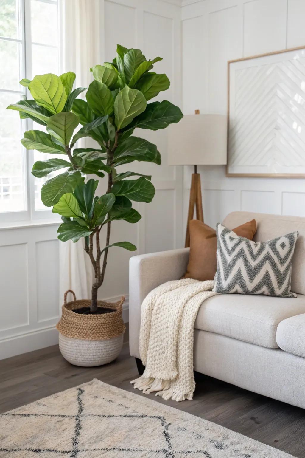 A Broadleaf Fig enhances the living room aesthetic.