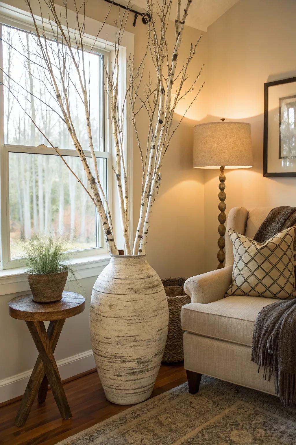 Soaring silver birch branches displayed in a floor vase introduce an organic texture to a welcoming living room corner.