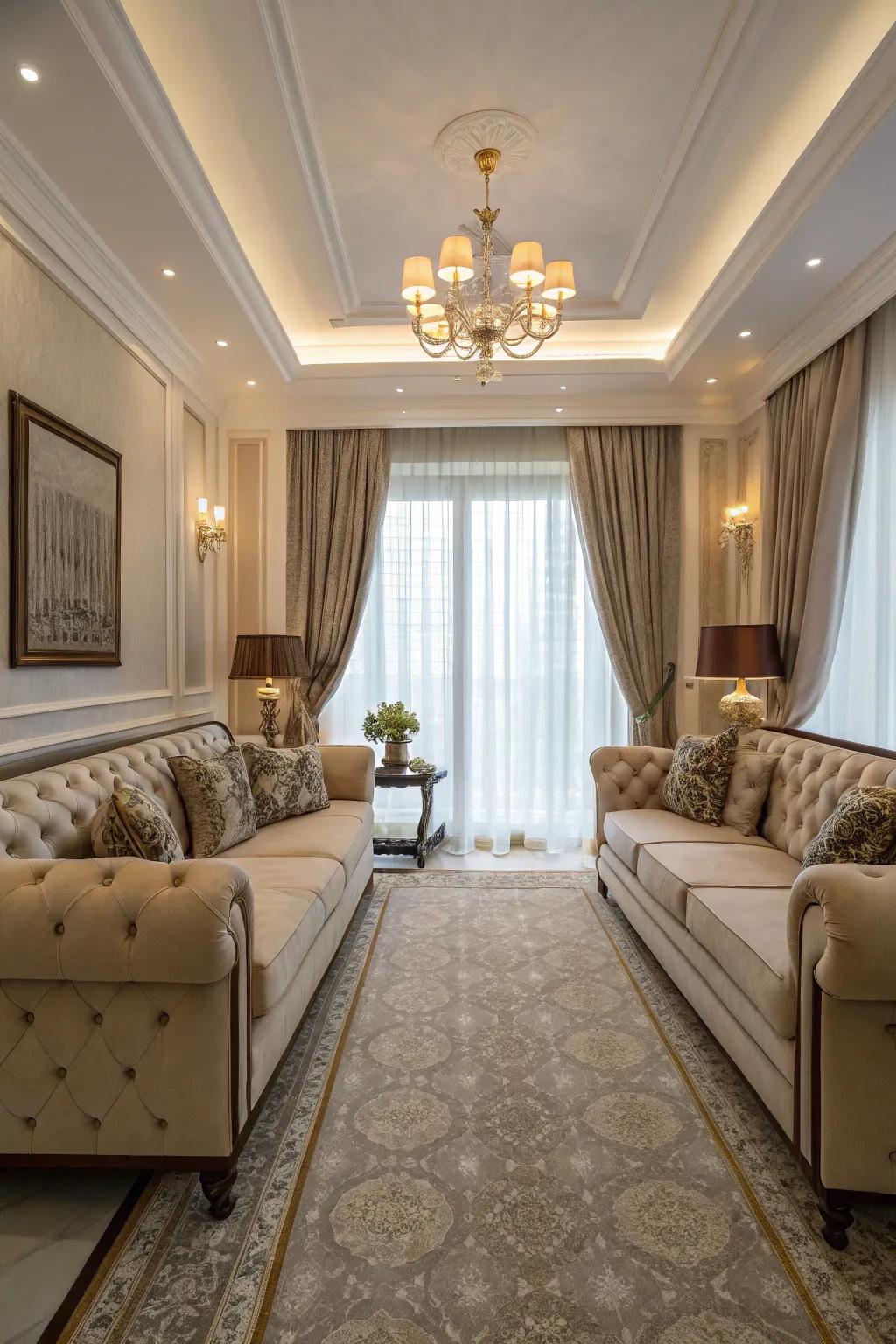 A formal lounge arrangement with dual sofas oriented face to face.