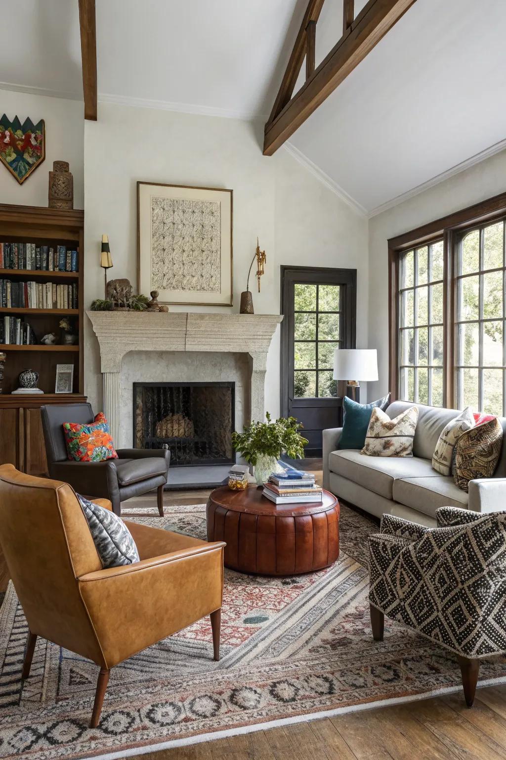 An eclectic, imbalanced living room design featuring a fireplace.