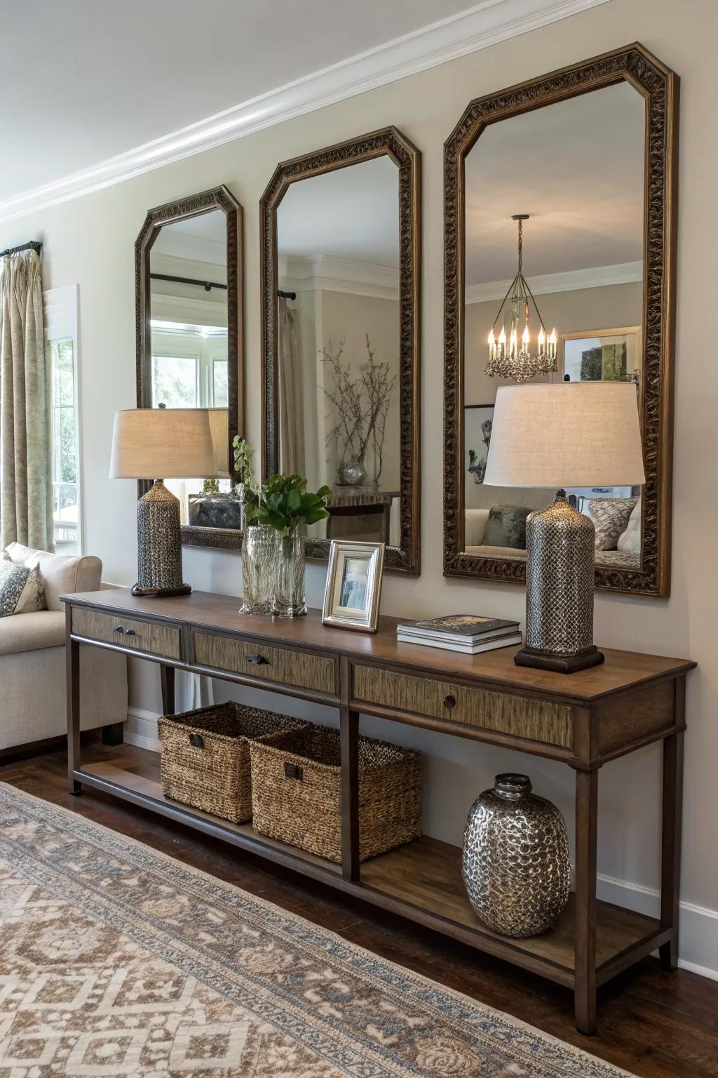 Achieve an aura of sophistication and balance with matched mirrors.