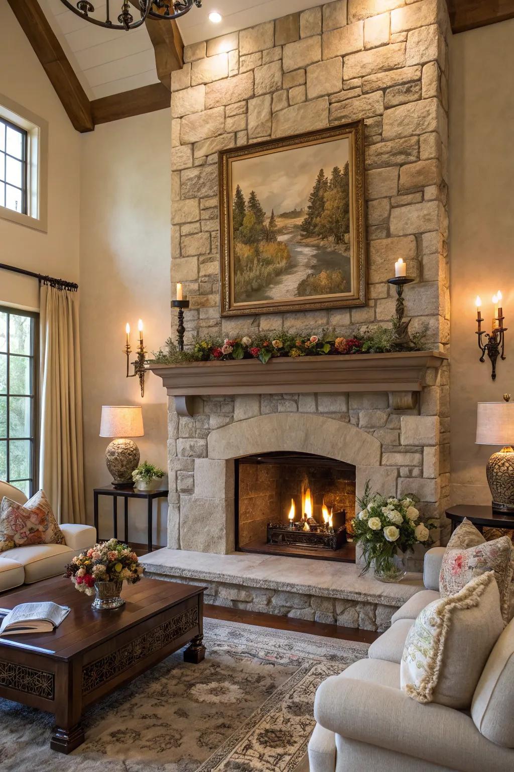 A statement artwork piece can amplify the beauty of your stone fireplace.