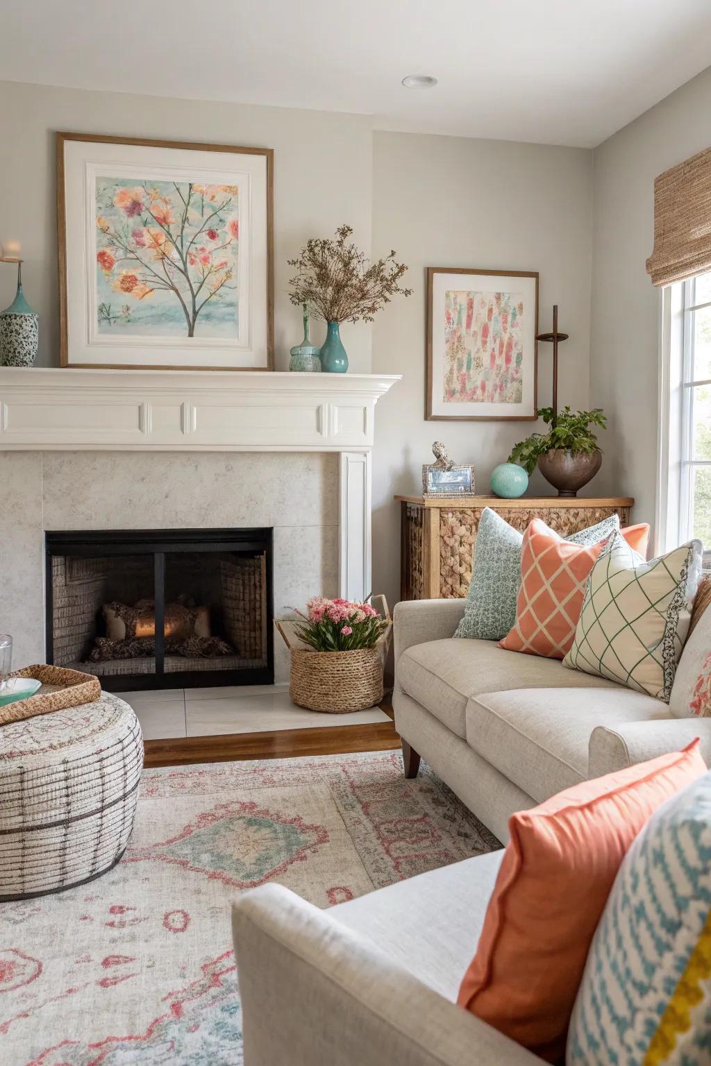 A neutral living room brought to life with colorful pillows and art surrounding the fireplace.