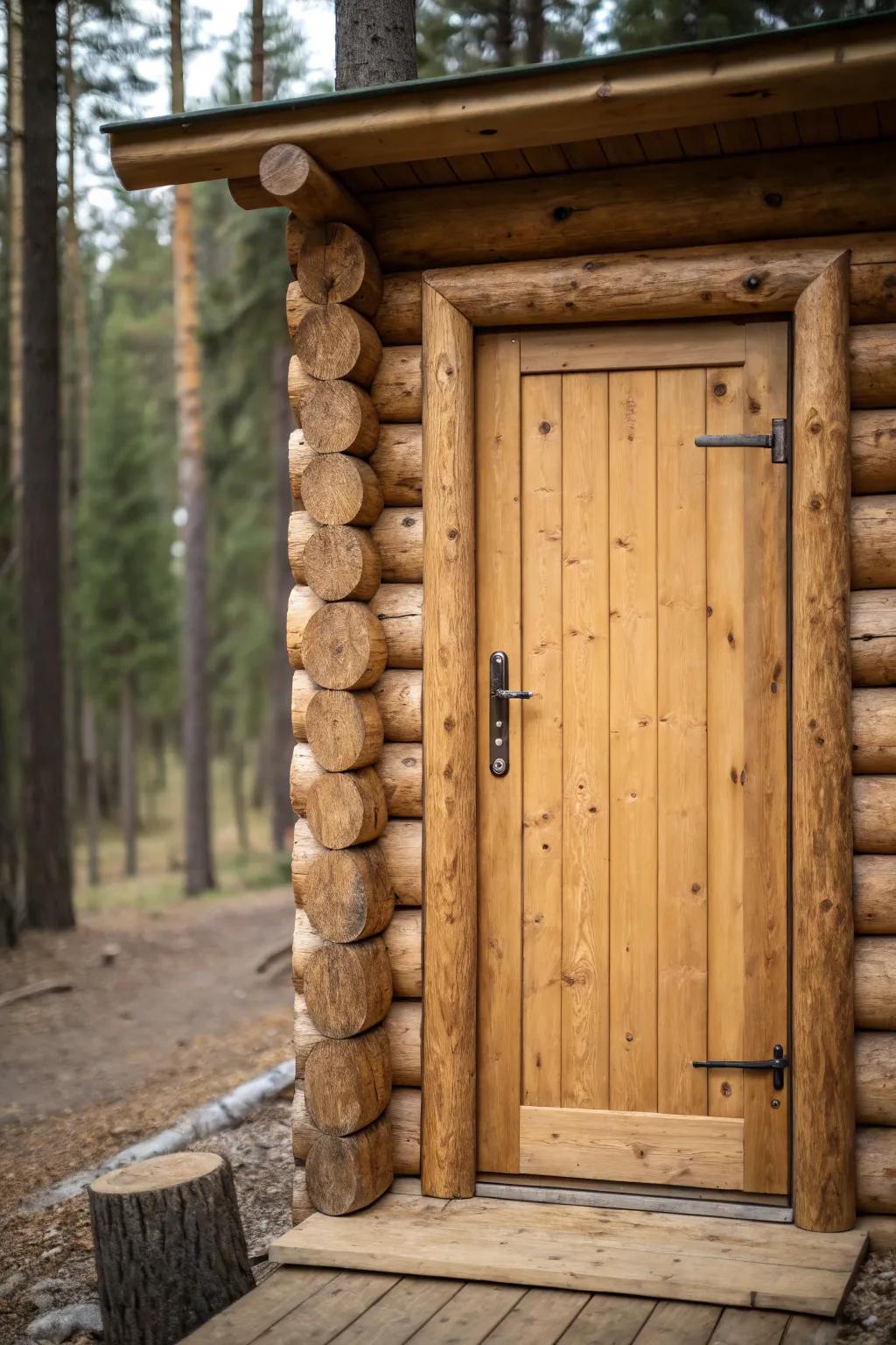 A traditional log cabin door of strong design.