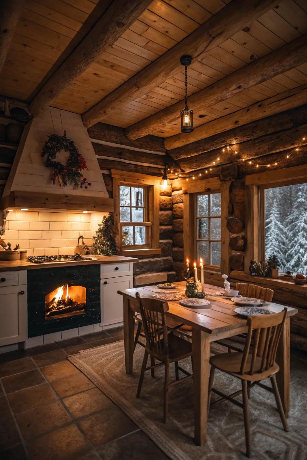 Pleasant ambient illumination elevates the intimate ambiance of this log cabin-inspired cooking area.