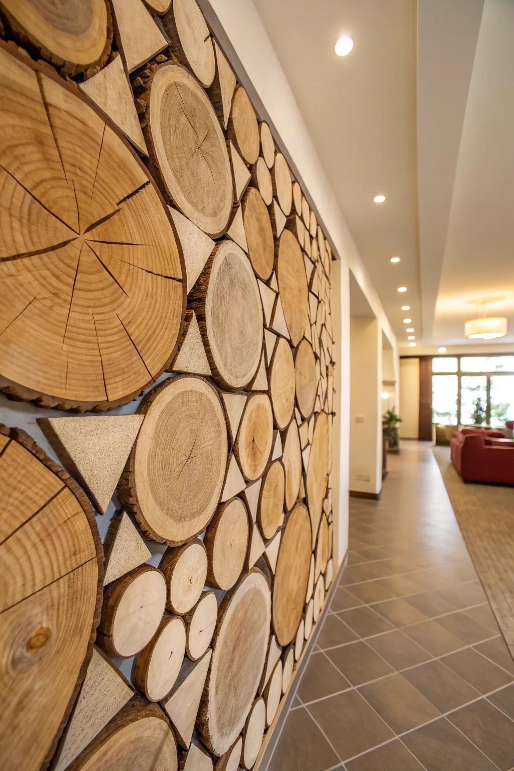 Timber rounds artistically arranged as wall decor.
