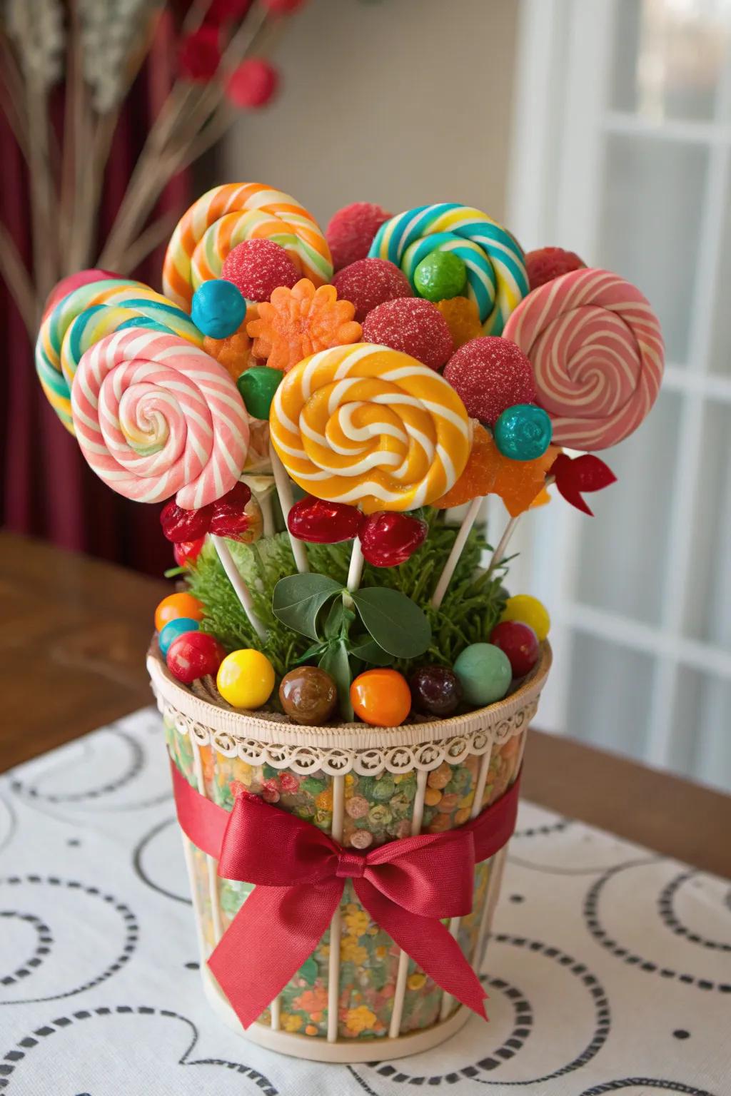 A vibrant treat and candy pop posy