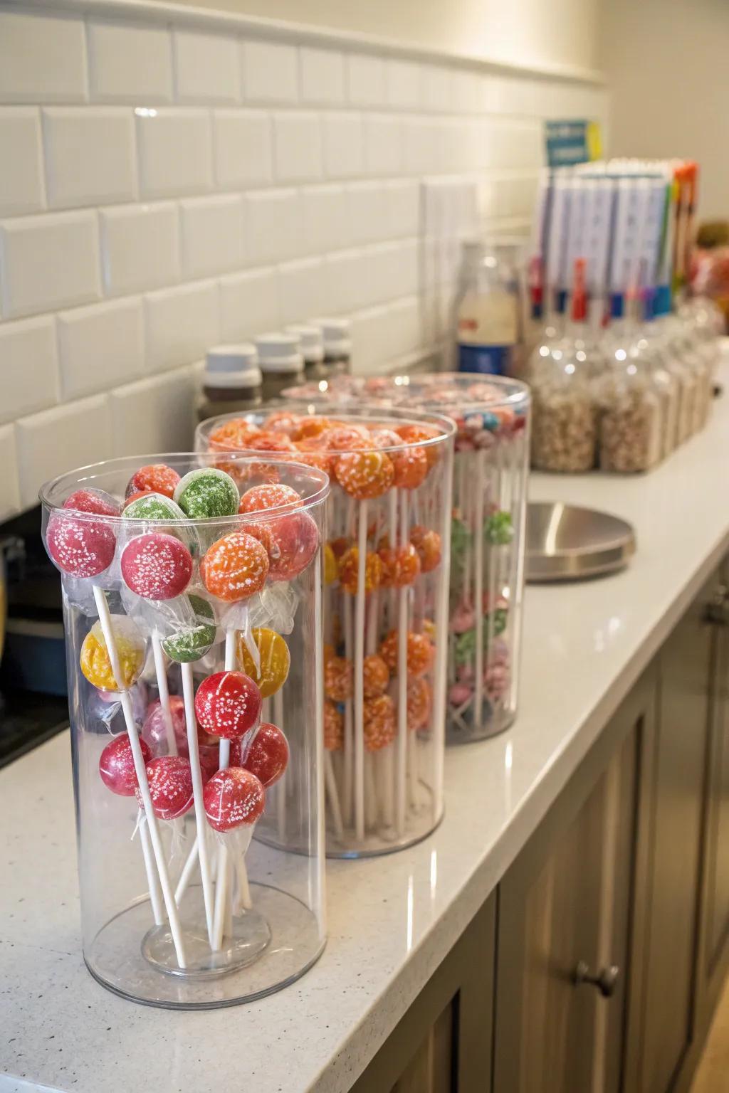 Cylindrical receptacles deliver a sleek, contemporary candy showcase.