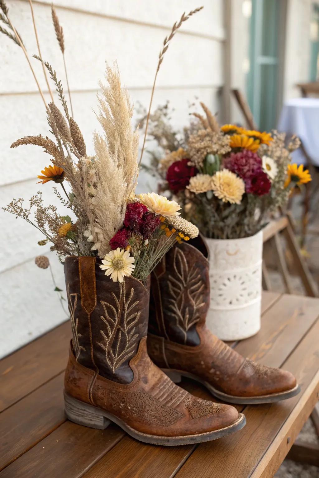 Cowboy boots transformed into charming decorative vases.